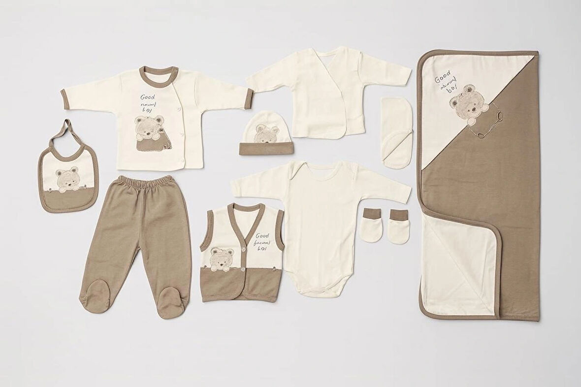 ERKEK BEBEK ORGANİK PAMUK AYI NAKIŞLI 10 LU HASTANE ÇIKIŞ ZIBIN SETİ