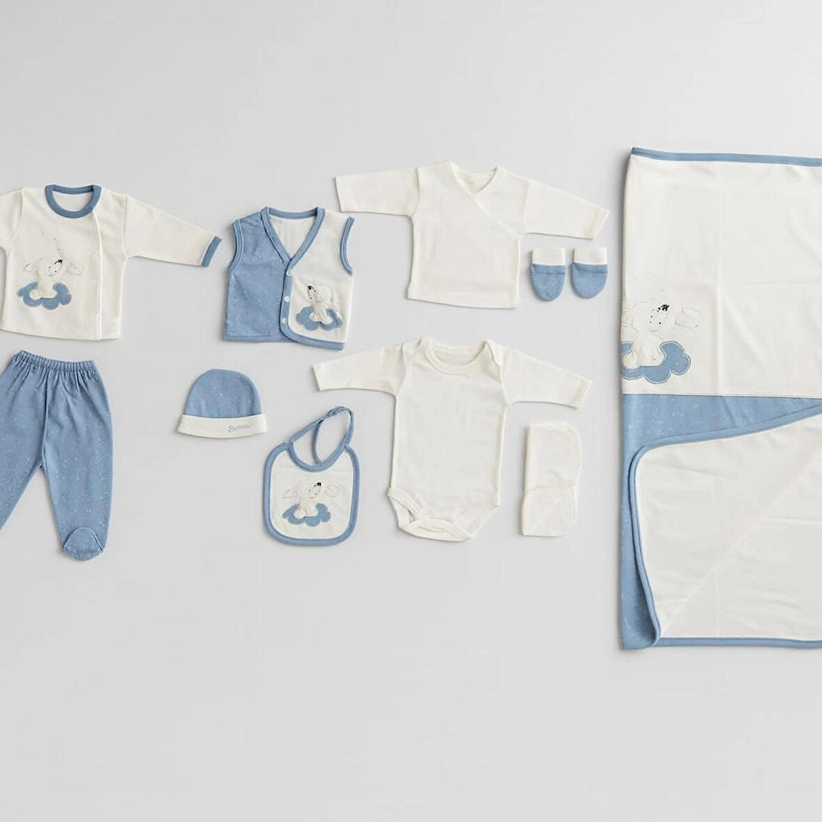 BEBEK ORGANİK PAMUK BULUT TAVŞAN NAKIŞLI 10 LU HASTANE ÇIKIŞ ZIBIN SETİ
