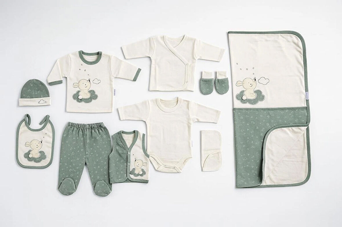 BEBEK ORGANİK PAMUK BULUT TAVŞAN NAKIŞLI 10 LU HASTANE ÇIKIŞ ZIBIN SETİ