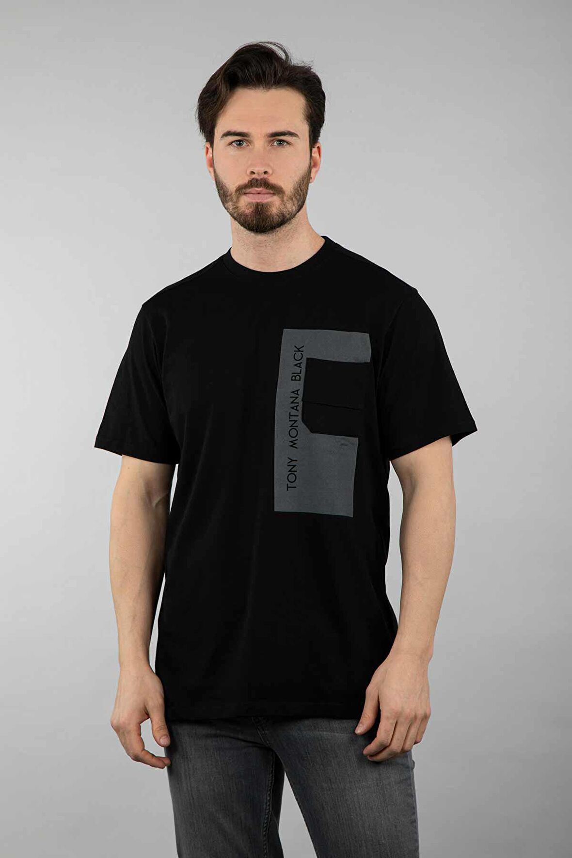 Oversize Fit Bisiklet Yaka Cepli %100 Pamuk Kısa Kollu Baskılı Penye T-Shirt