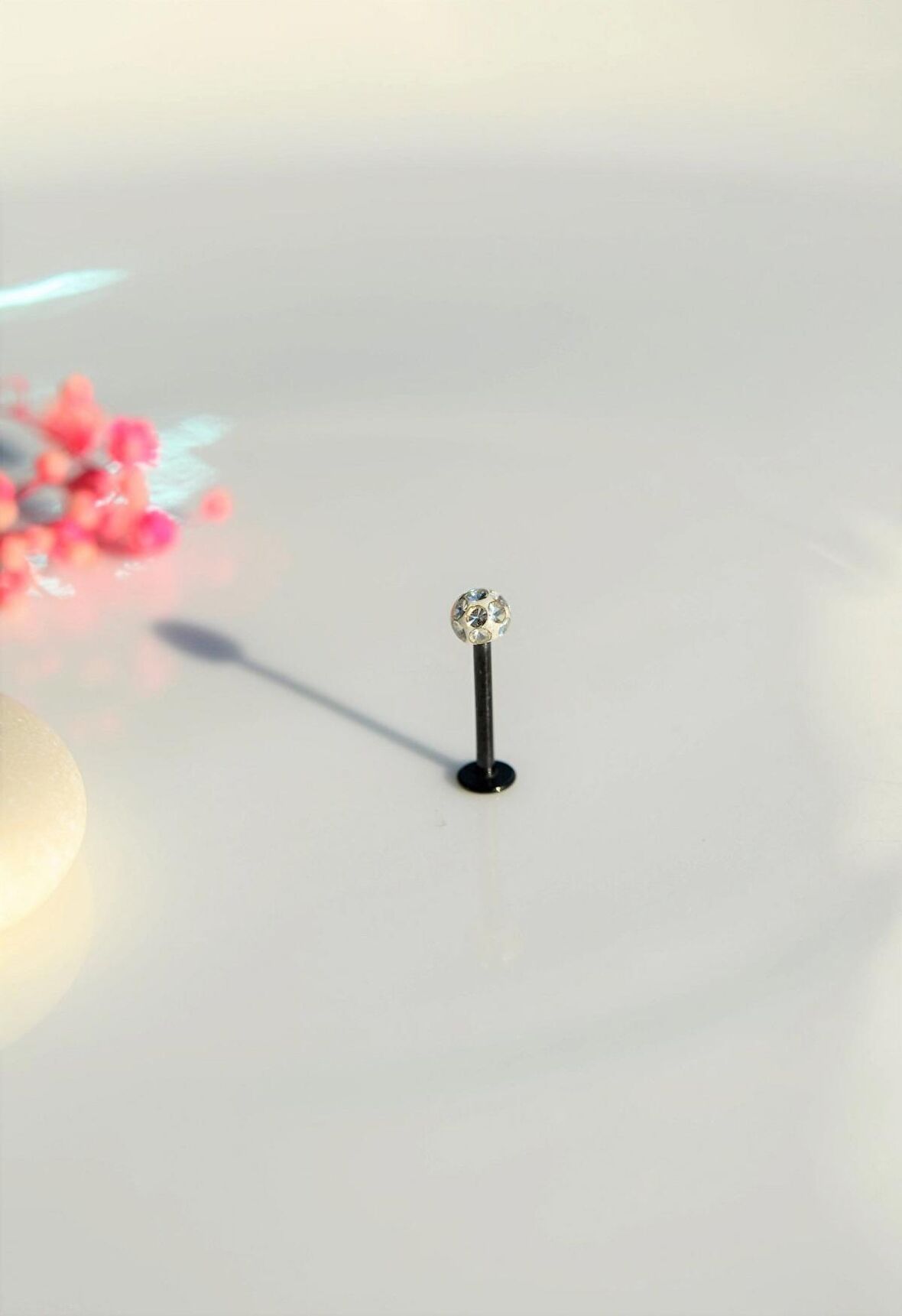 Taşlı Top Uçlu Çelik Piercing Dudak Dil 12 mm Siyah
