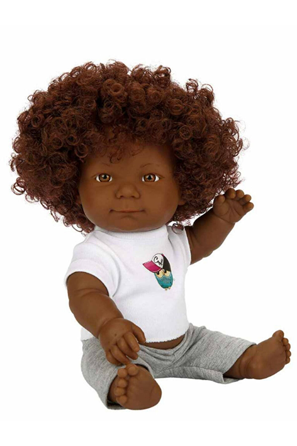 Kıvırcık Esmer Dada Bebek - Gri Eşofmanlı 35 Cm