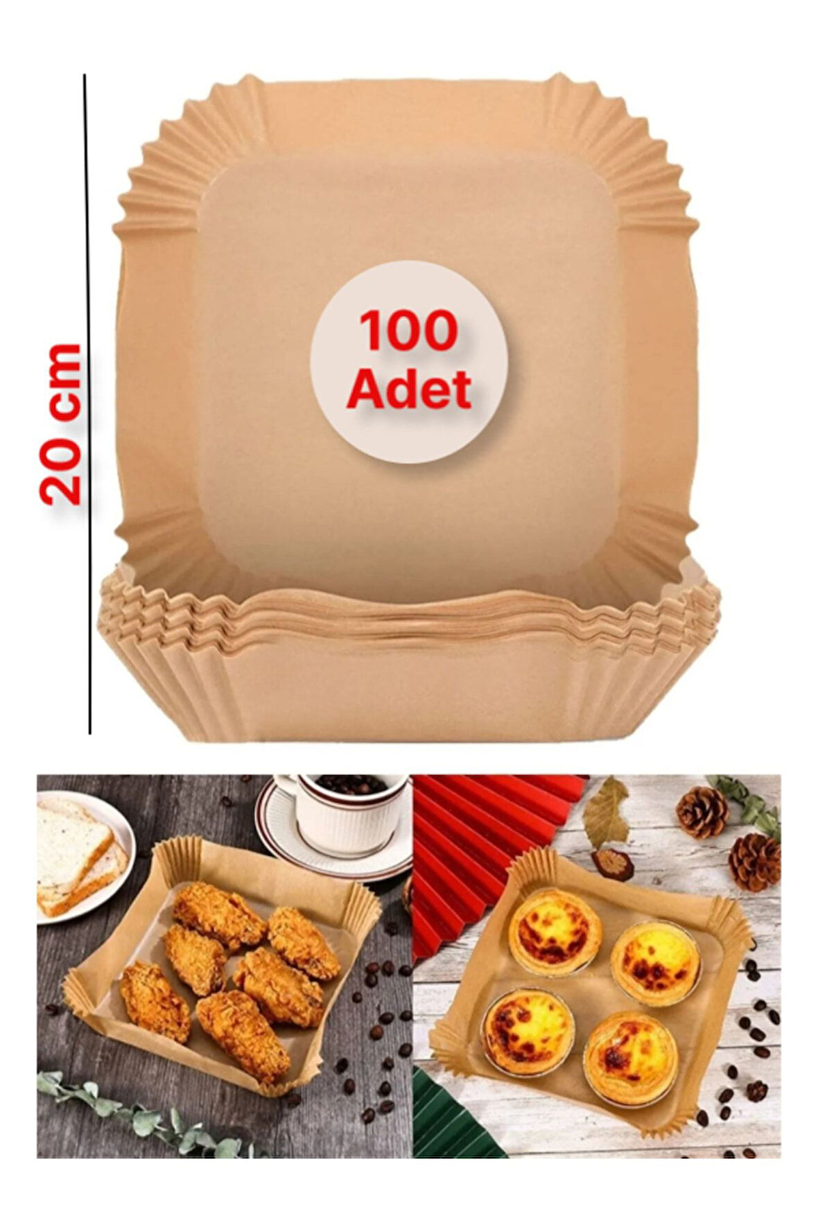 Tek Kullanımlık Kare Derinlikli Air Fryer Pişirme Kağıdı Üst: 20cm x Alt: 16cm x 4.5cm - 100 Adet