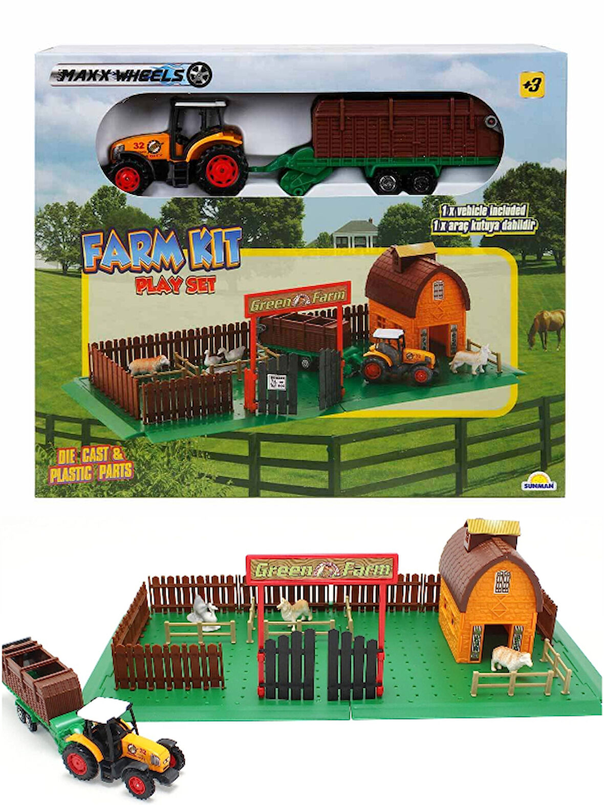 Römorklu Traktörlü - Ahırlı - Etrafı Çitle Çevrili - 3 Hayvan Figürlü Çiftlik Seti S00019419