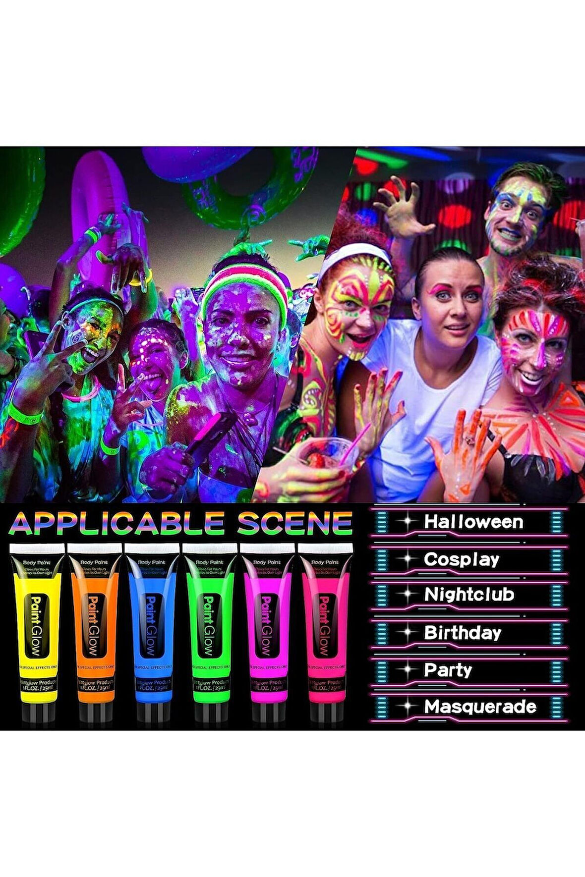 Karanlıkta Parlayan Neonlu Glow Parti Yüz Boyası 6 Renk - 6 Adet