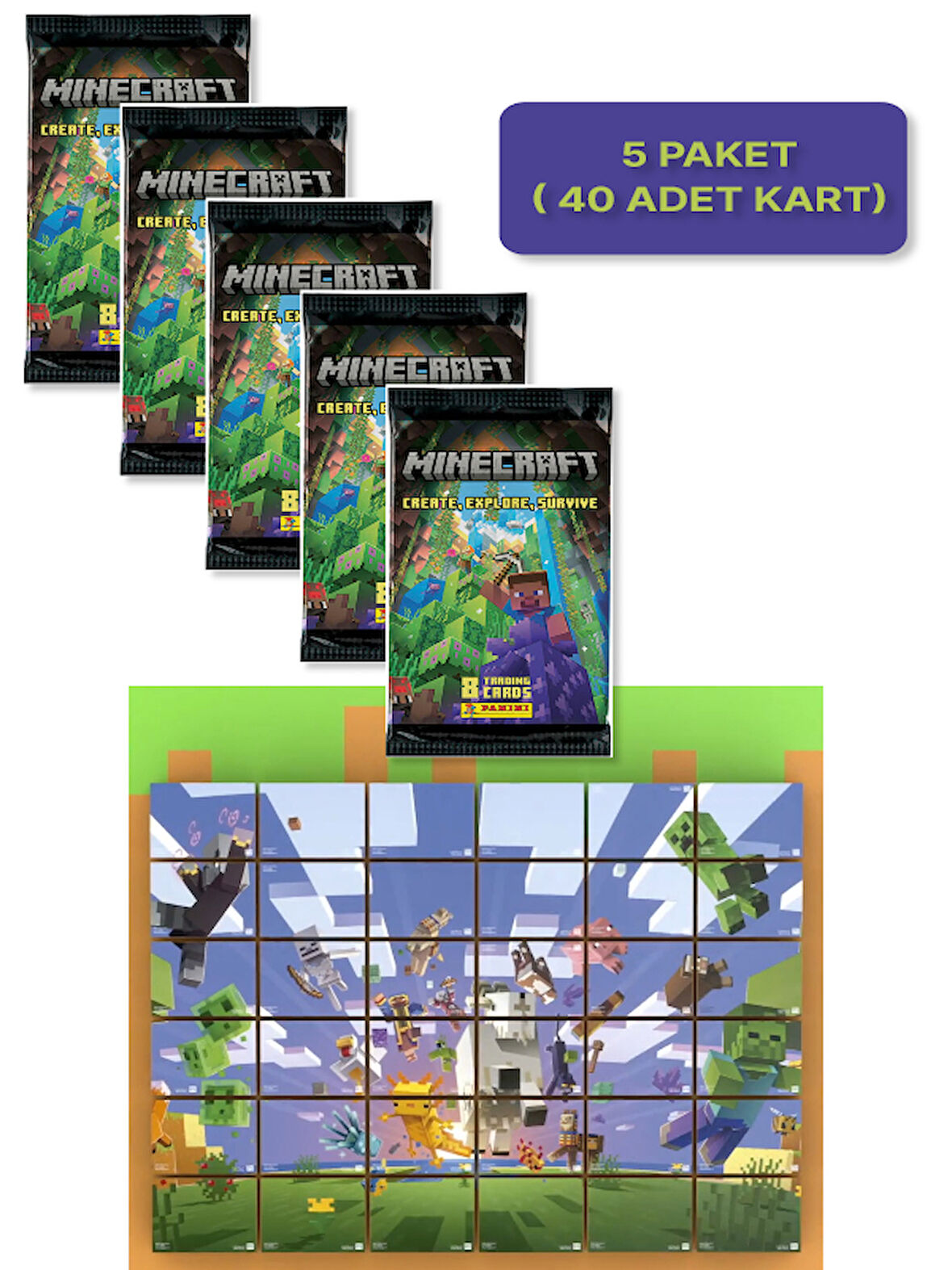 Panini Minecraft Create Explore Survive Trading Card - Minecraft Kartı + 5 PAKET ( 40 Kart )