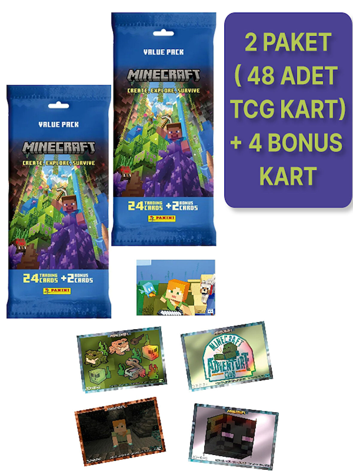 Panini Minecraft Create Explore Survive Trading Card - Fat Pack Kartı + 2 PAKET ( 52 Kart )