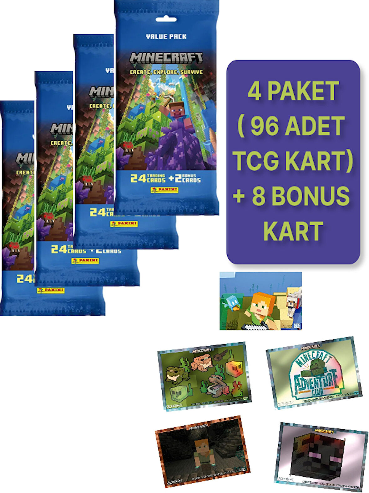 Panini Minecraft Create Explore Survive Trading Card - Fat Pack Kartı + 4 PAKET ( 104 Kart )