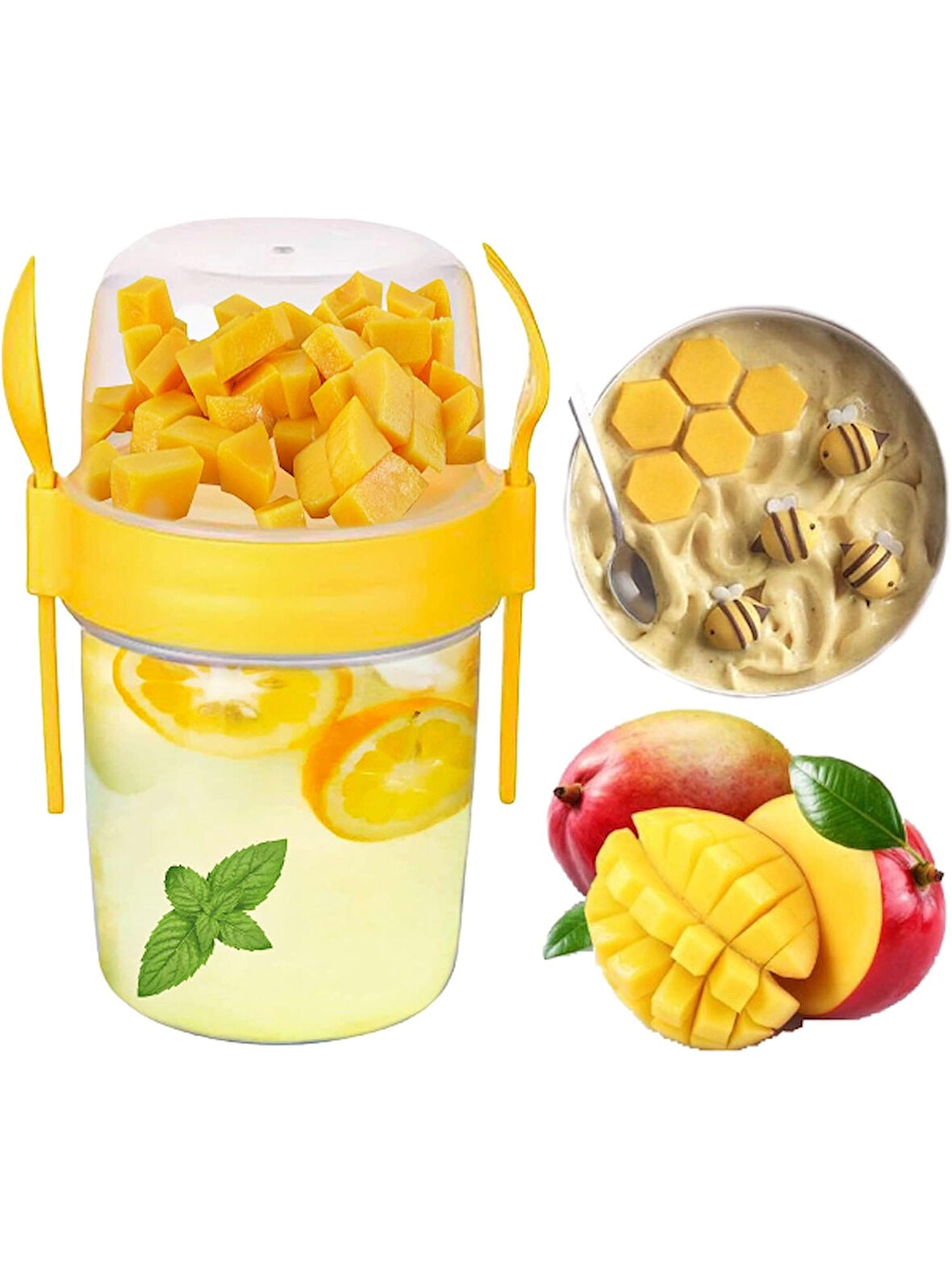 BPA Free Diyet Öğün & Kahvaltı için Çatal & Kaşıklı Kapaklı Yoğurt Müsli Salata Meyve Saklama Kabı