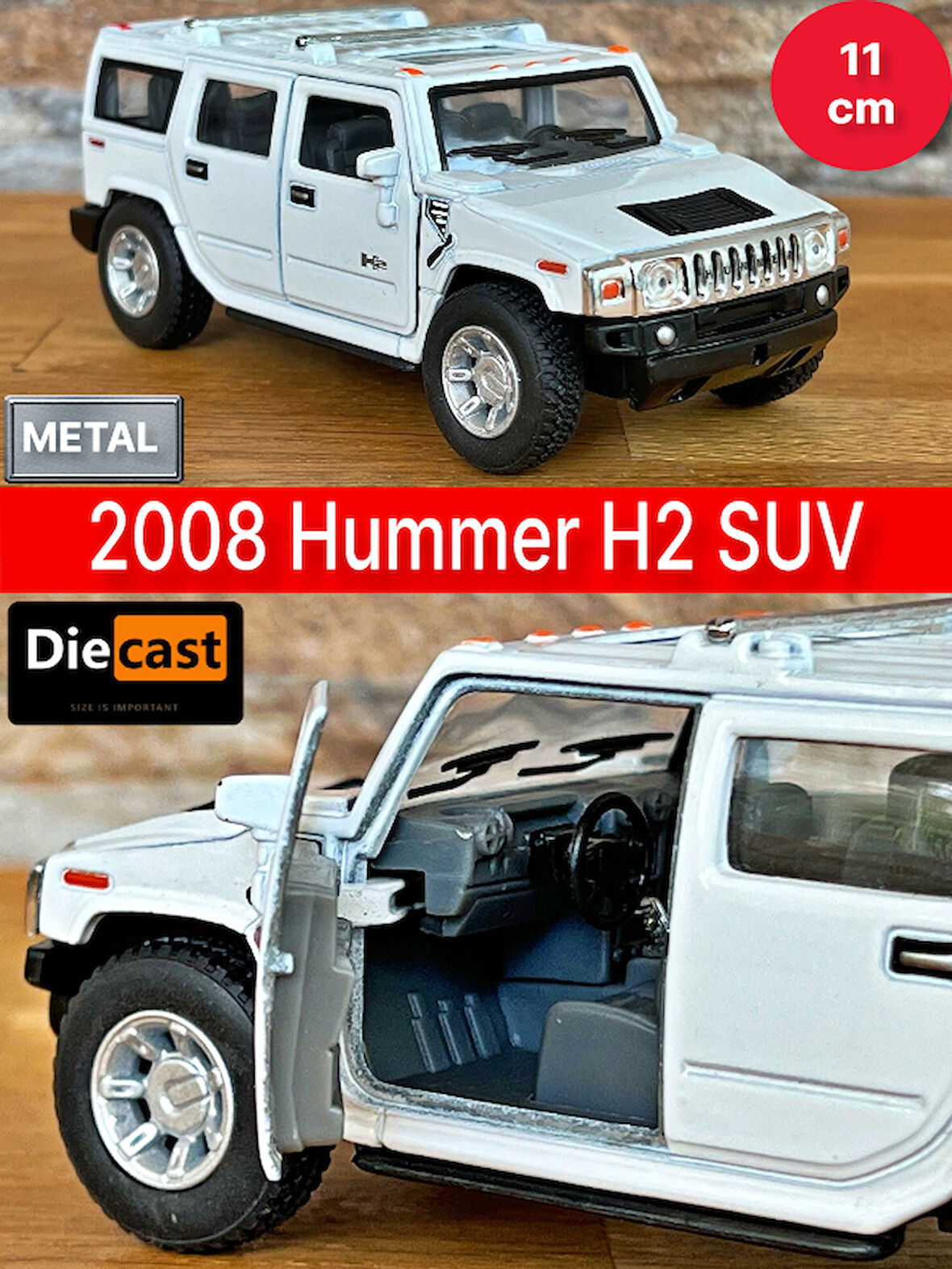 2008 Hummer H2 SUV Çek Bırak Die - Cast Kapıları Açılabilen Metal Model Araba - Beyaz 11.5 cm