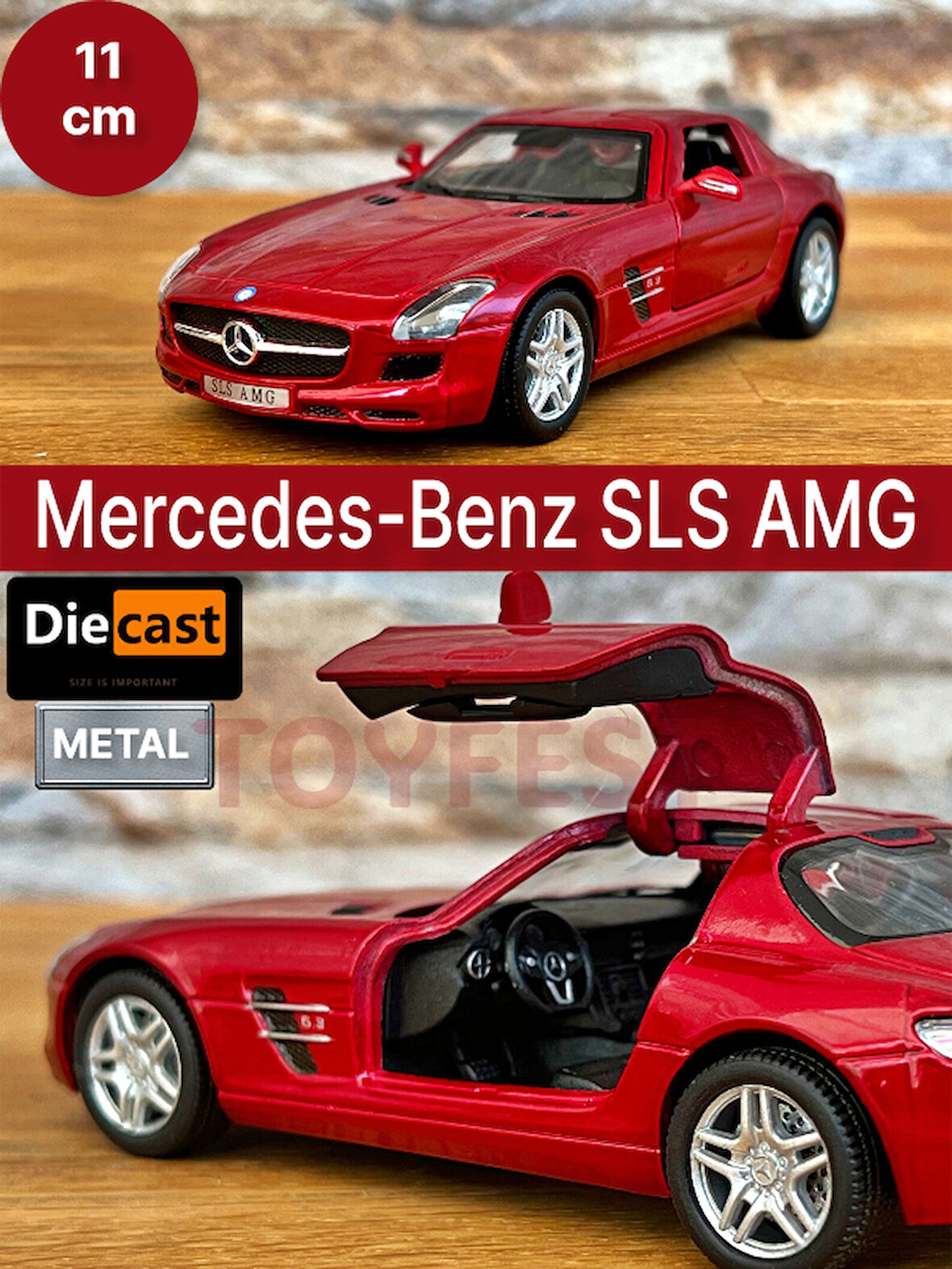 Mercedes - Benz SLS AMG Çek Bırak Die - Cast Kapıları Açılabilen Metal Model Araba - Bordo 11.5 cm