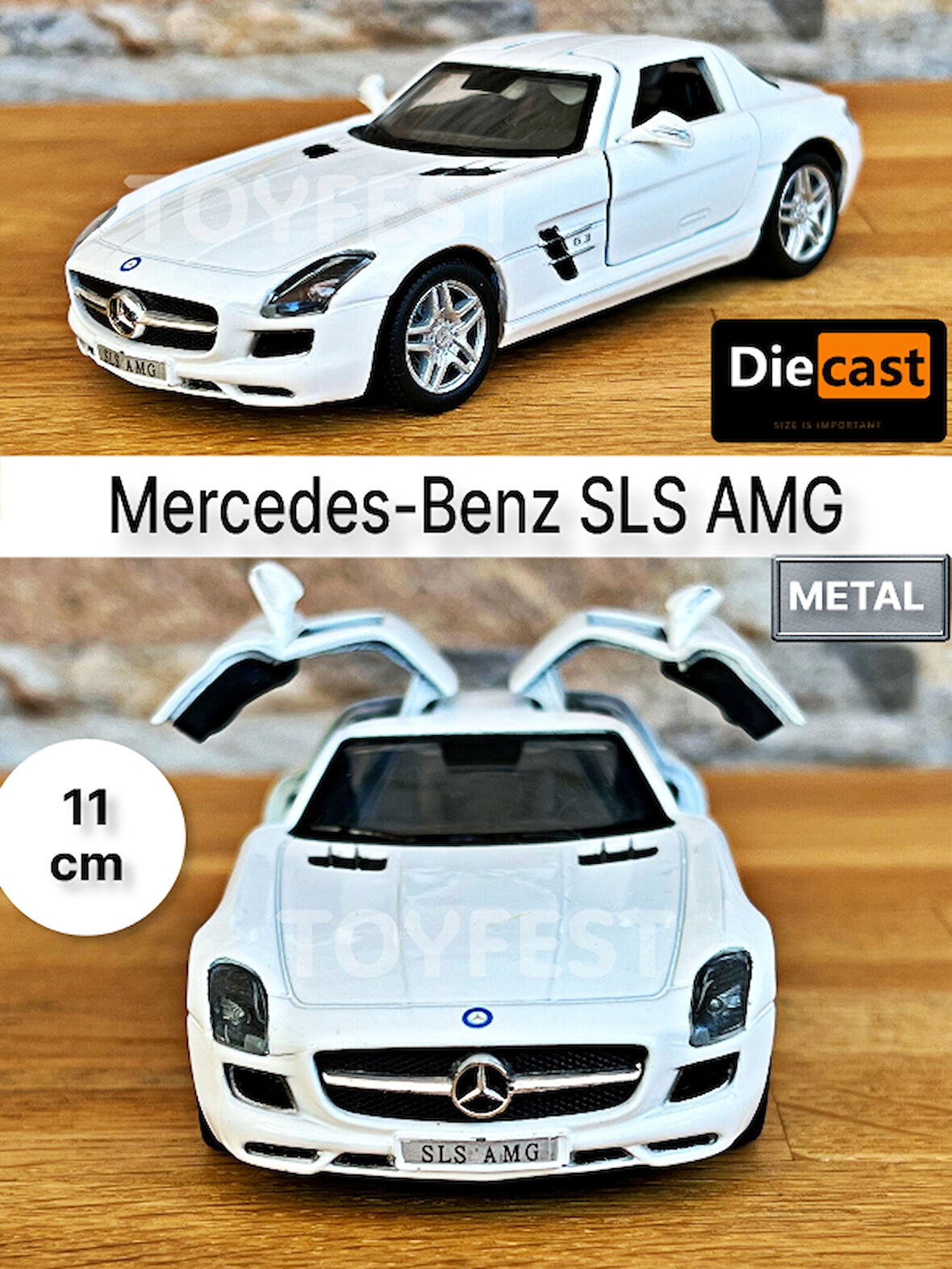 Mercedes - Benz SLS AMG Çek Bırak Die - Cast Kapıları Açılabilen Metal Model Araba - Beyaz 11.5 cm