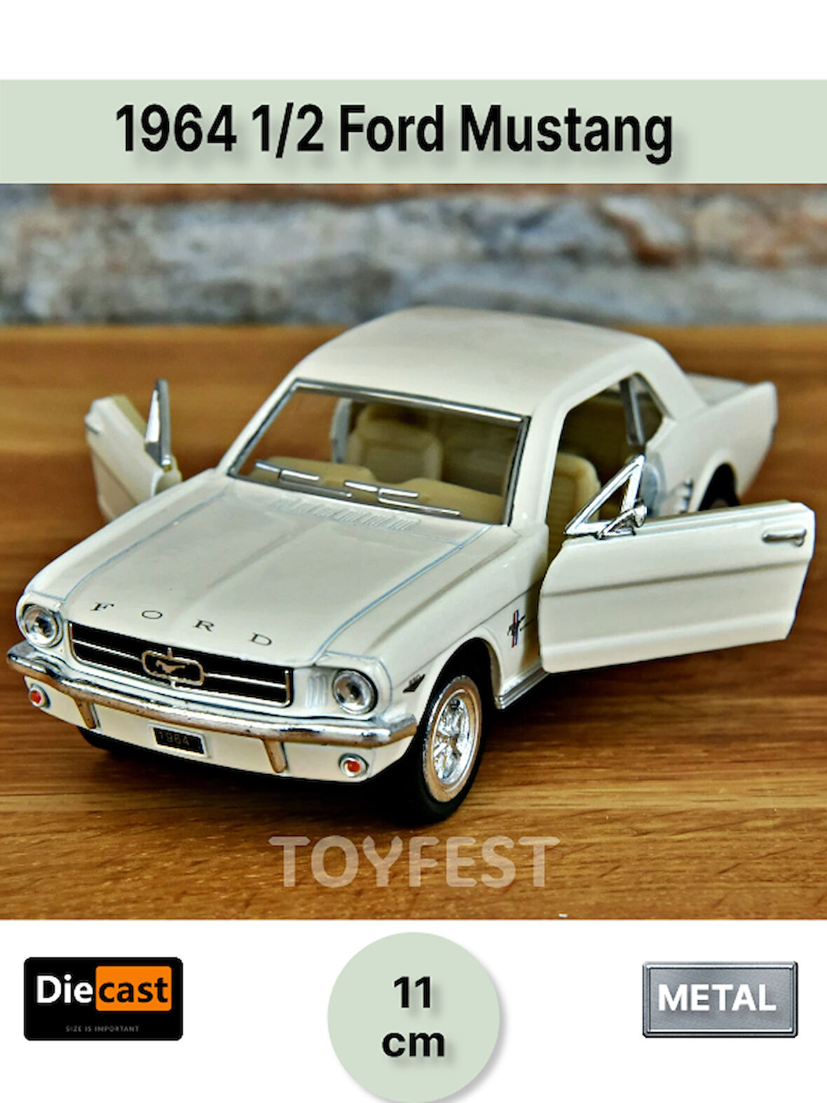 1964 1/2 Ford Mustang Çek Bırak Die - Cast Kapıları Açılabilen Metal Model Araba - Krem 11.5 cm