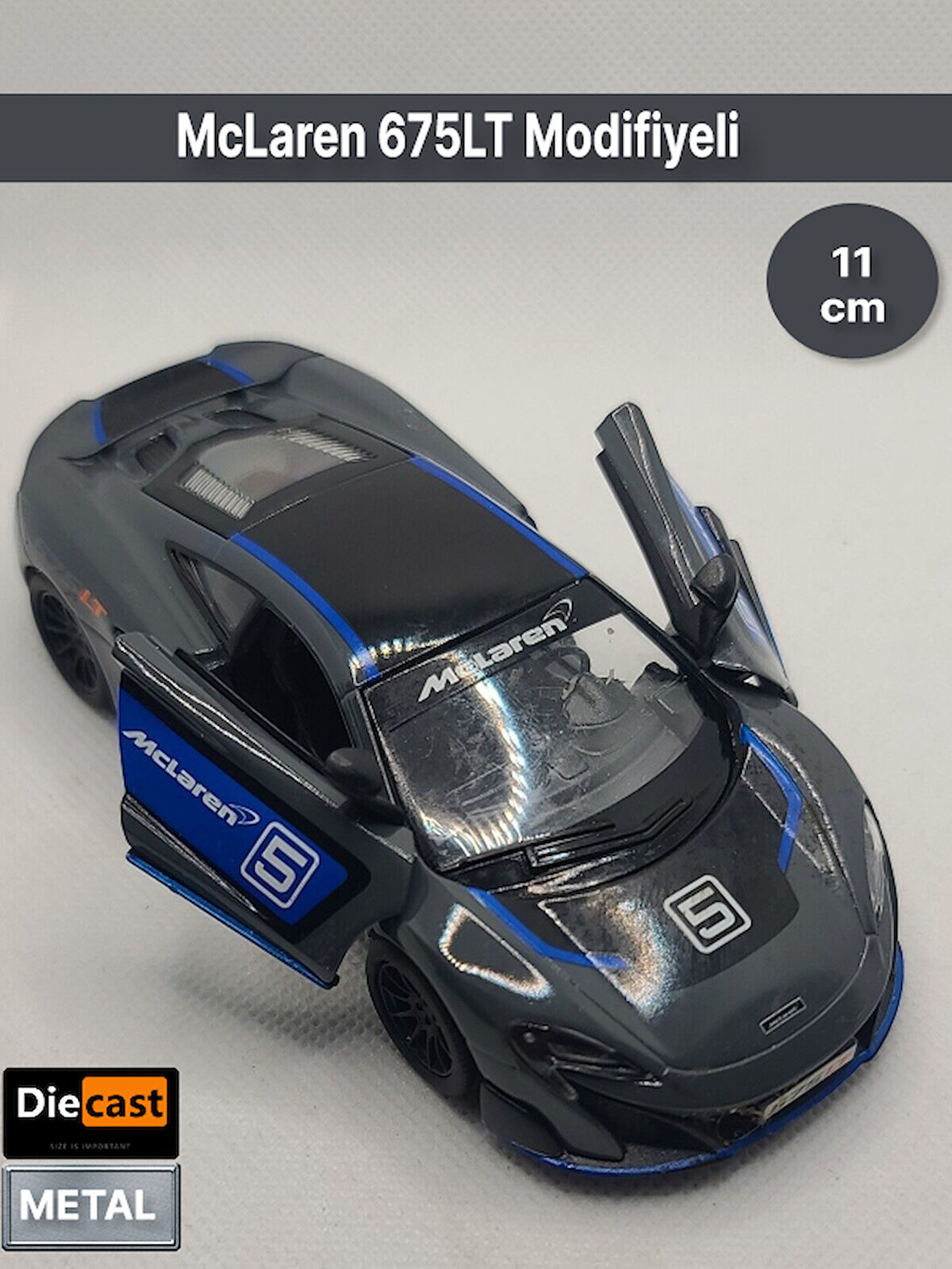 McLaren 675LT Modifiyeli  Çek Bırak Die - Cast Kapıları Açılabilen Metal Model Araba - Siyah 11.5 cm