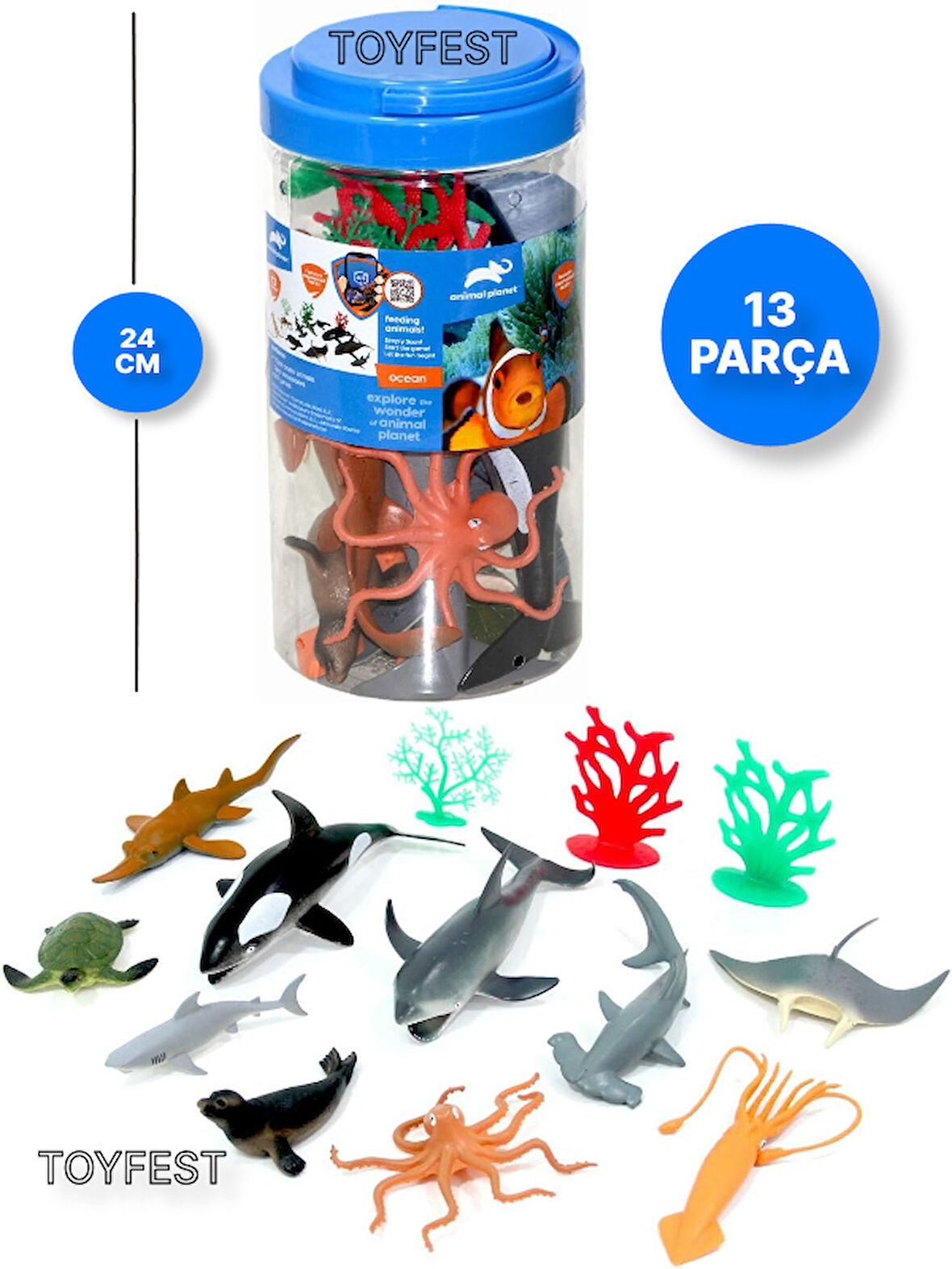 Okyanus Canlıları Oyun Seti - 13 Parça Kapaklı Taşıma Saplı Özel Kovasında 24 cm
