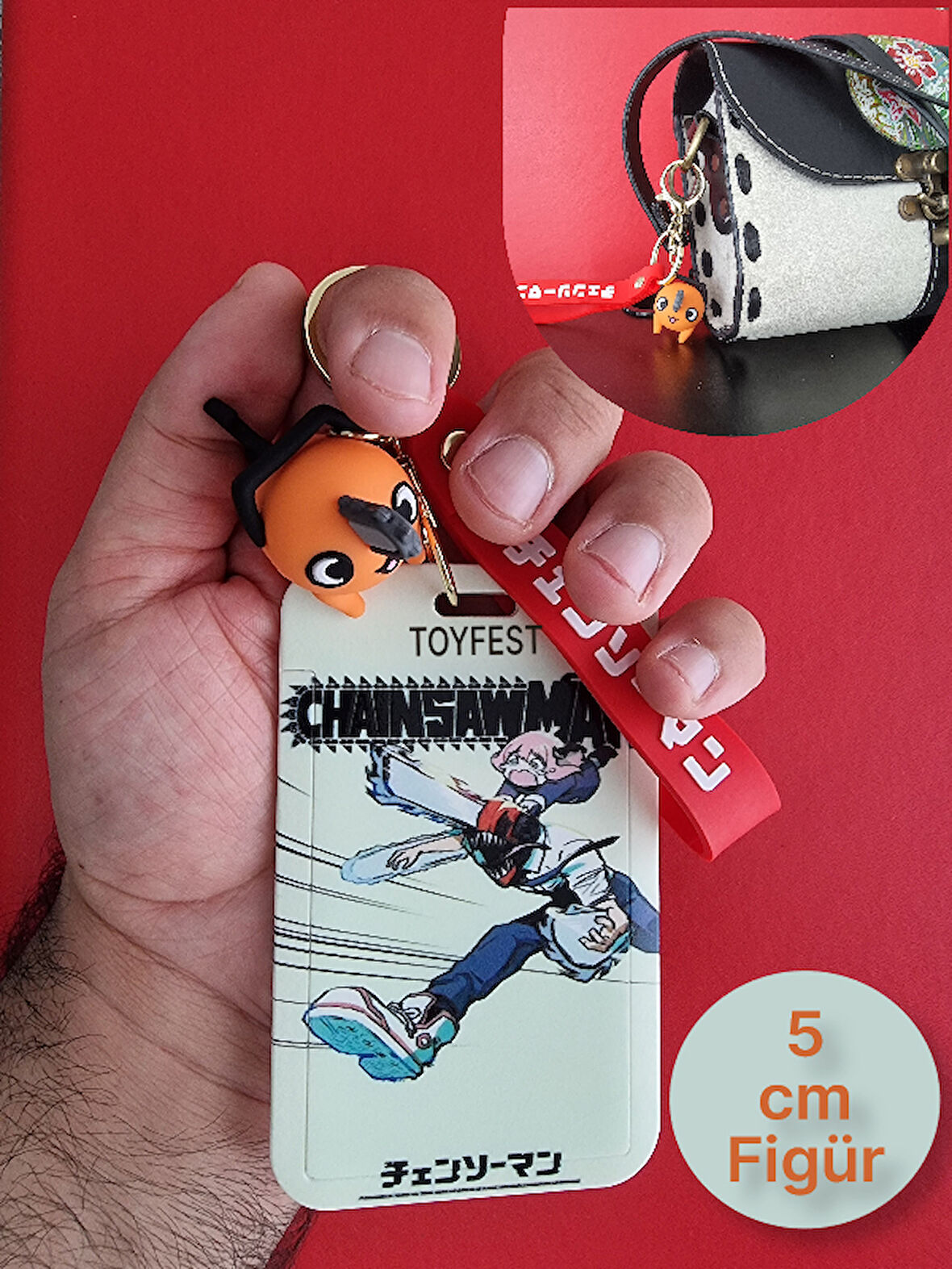 Chainsaw Man Japon Anime Pochita Figür Anahtarlık Çanta Aksesuarı ve Kartlık 2 si bir Arada