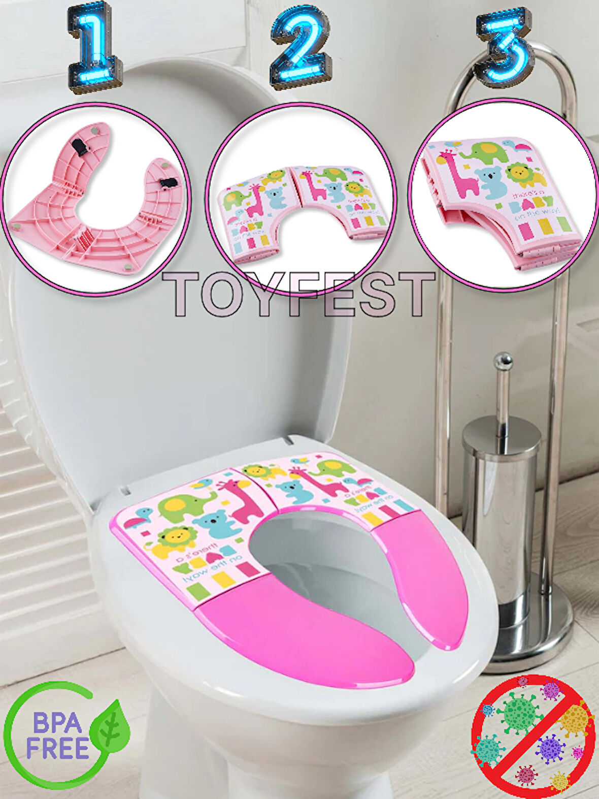 3 Hareketle Katlanıp Taşınabilir Mikrop Savar Çocuk Klozet Adaptörü -  Pembe 