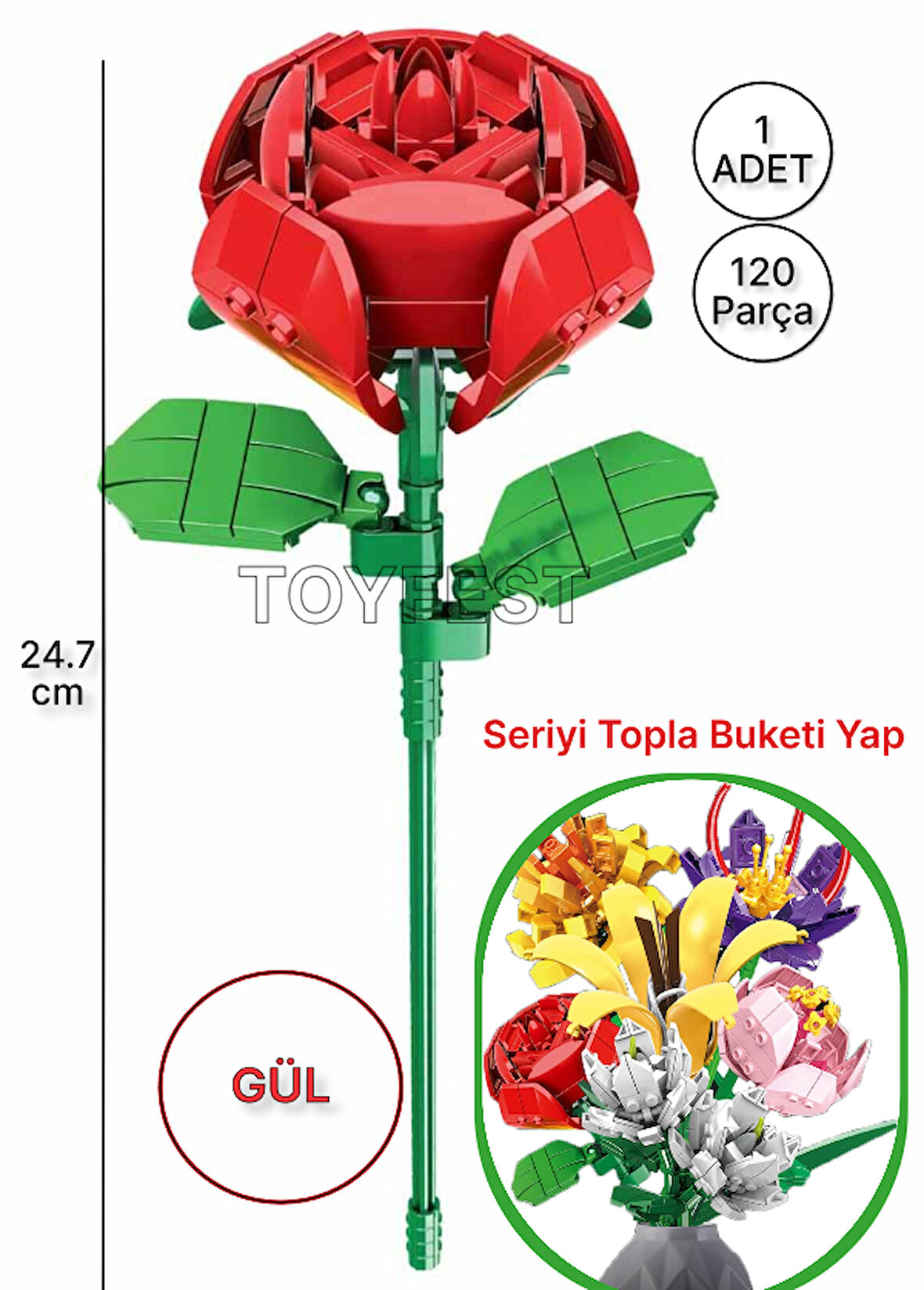 Çiçek Buketleri Lego Yapı Oyuncağı - Kırmızı Çiçek Gül Çiçeği ( 1 ADET ÇİÇEK ) - 120 Parça