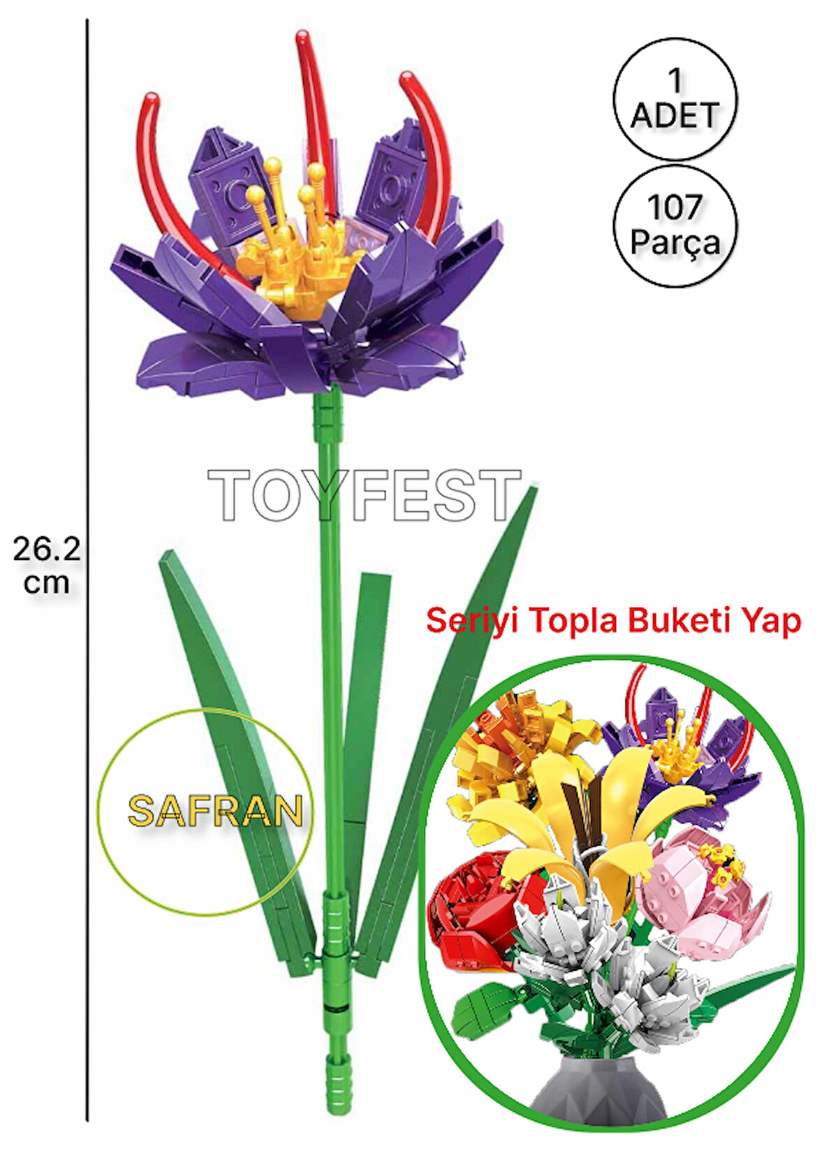 Çiçek Buketleri Lego Yapı Oyuncağı - Mor Çiçek Safran Çiçeği ( 1 ADET ÇİÇEK ) - 107 Parça