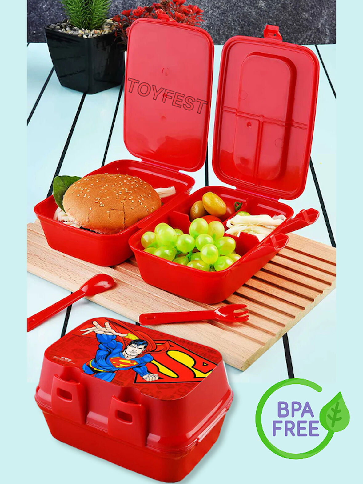 Kilit Kapaklı 2 Katlı 4 Bölmeli Kaşık & Çatallı Dikdörtgen Lunch Box Beslenme Kutusu - Superman