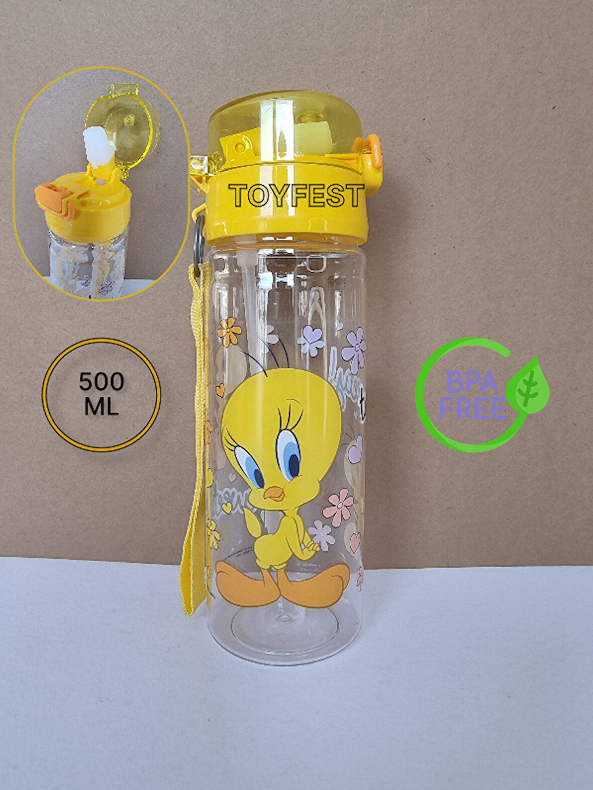 Pipetli Suluk Matara - Kilit Kapaklı Tweety Temalı Lisanslı  - 500 ML