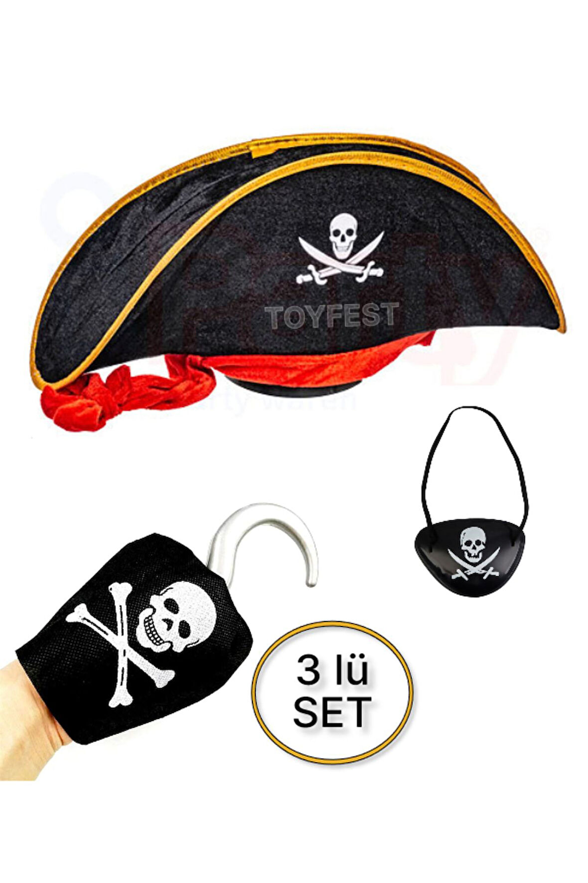 Kaptan Jack Sparrow Şapka - Kanca - Göz Maskesi 3 lü Çocuk Korsan Kostüm Seti