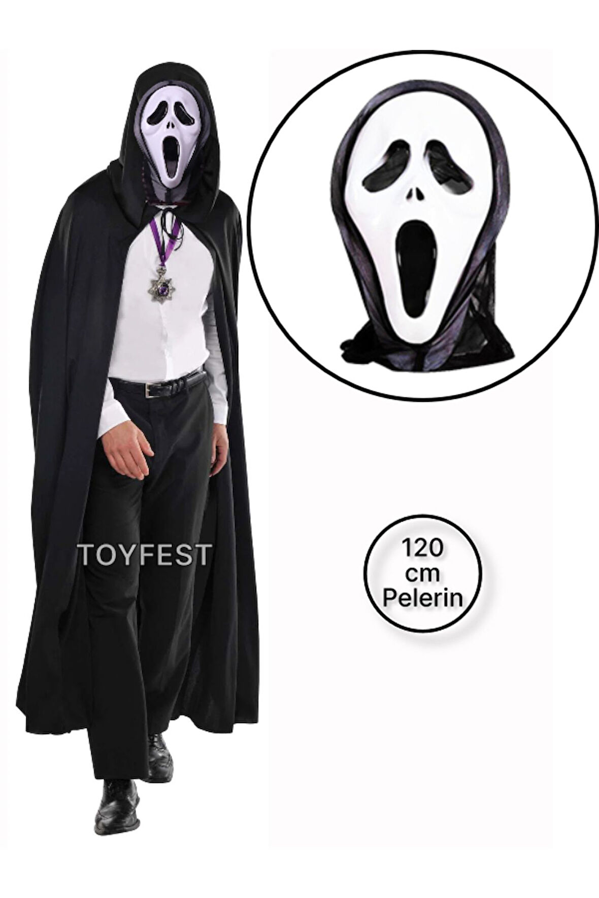 Cadılar Bayramı & Halloween - 2 Parçalı Çığlık Scream Maske ve Kapüşonlu Pelerin Kostüm Seti 120 cm