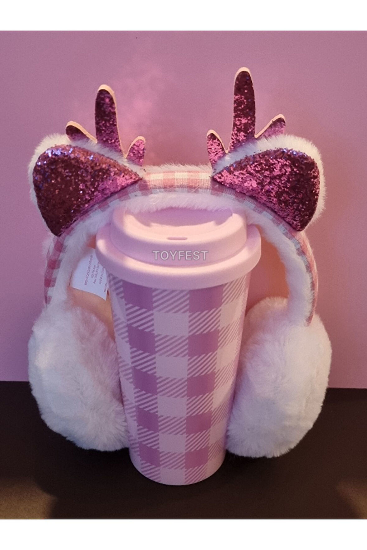 Pembe - Lila Ekoseli Mug ve Simli Kulak Boynuz Dekorlu Yumuşak Peluş Kulaklık 2 li Set