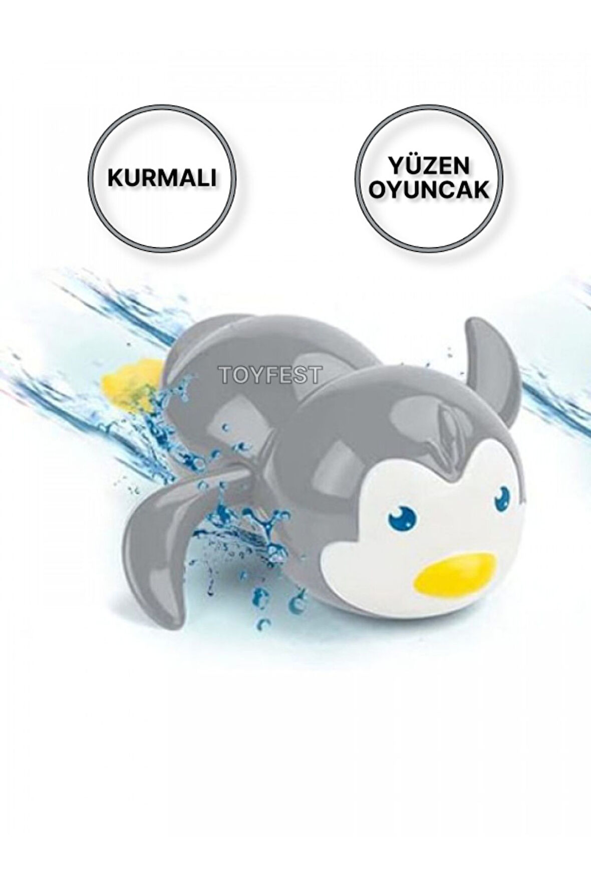 Kurmalı Kendiliğinden Banyo Küvet Havuz Deniz de Yüzen Penguen Oyuncak - Gri