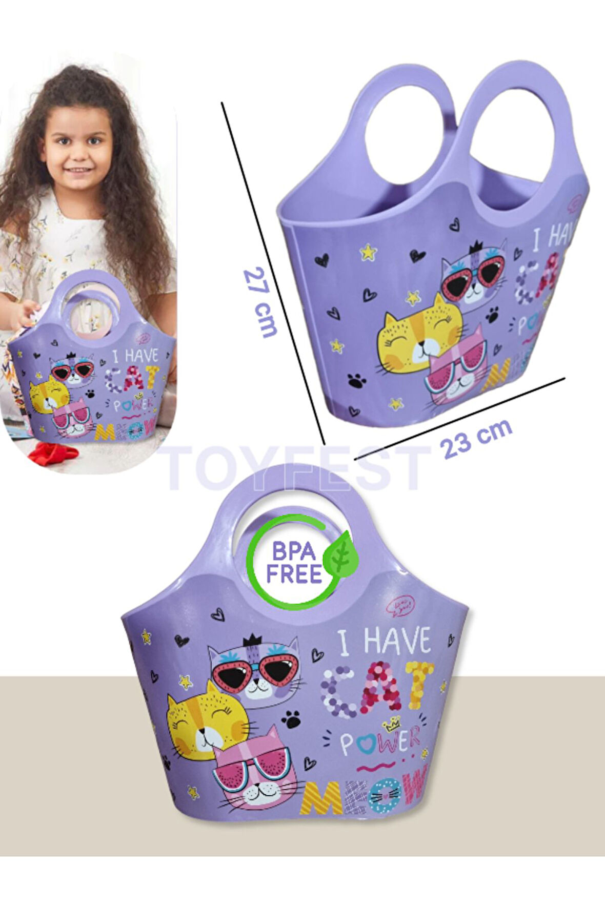 Çok Amaçlı Lila Çocuk Günlük & Plaj Çantası - Meow Kedi Model - 5 LT