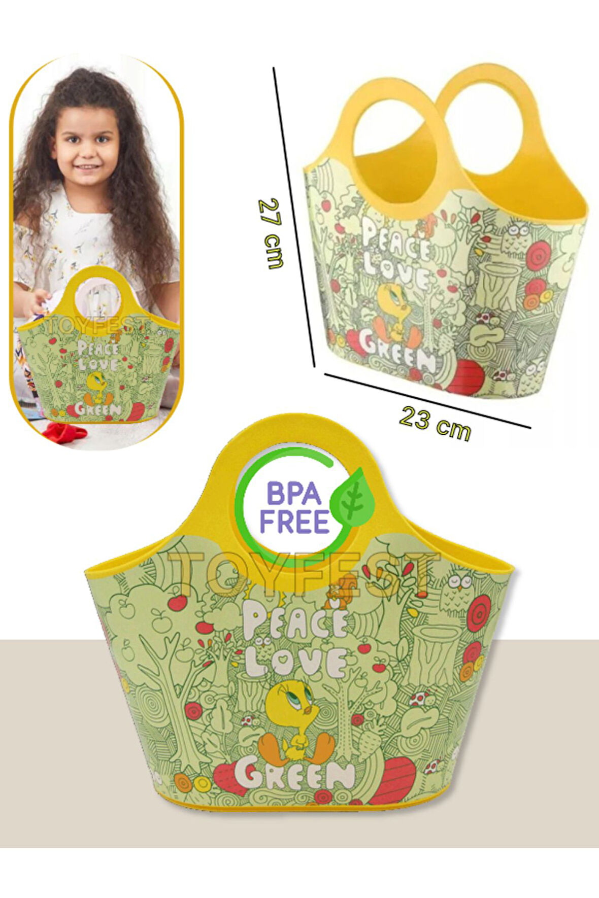 Çok Amaçlı Sarı Çocuk Günlük & Plaj Çantası - Peace Love Green Tweety Model - 5 LT
