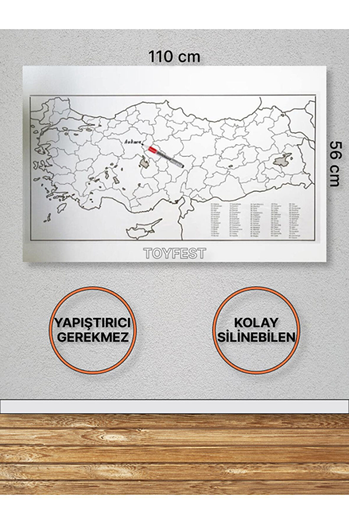 Duvara Kendiliğinden Manyetik Yapışan Yazılıp Silinebilen Türkiye Haritası 110 X 56 Cm