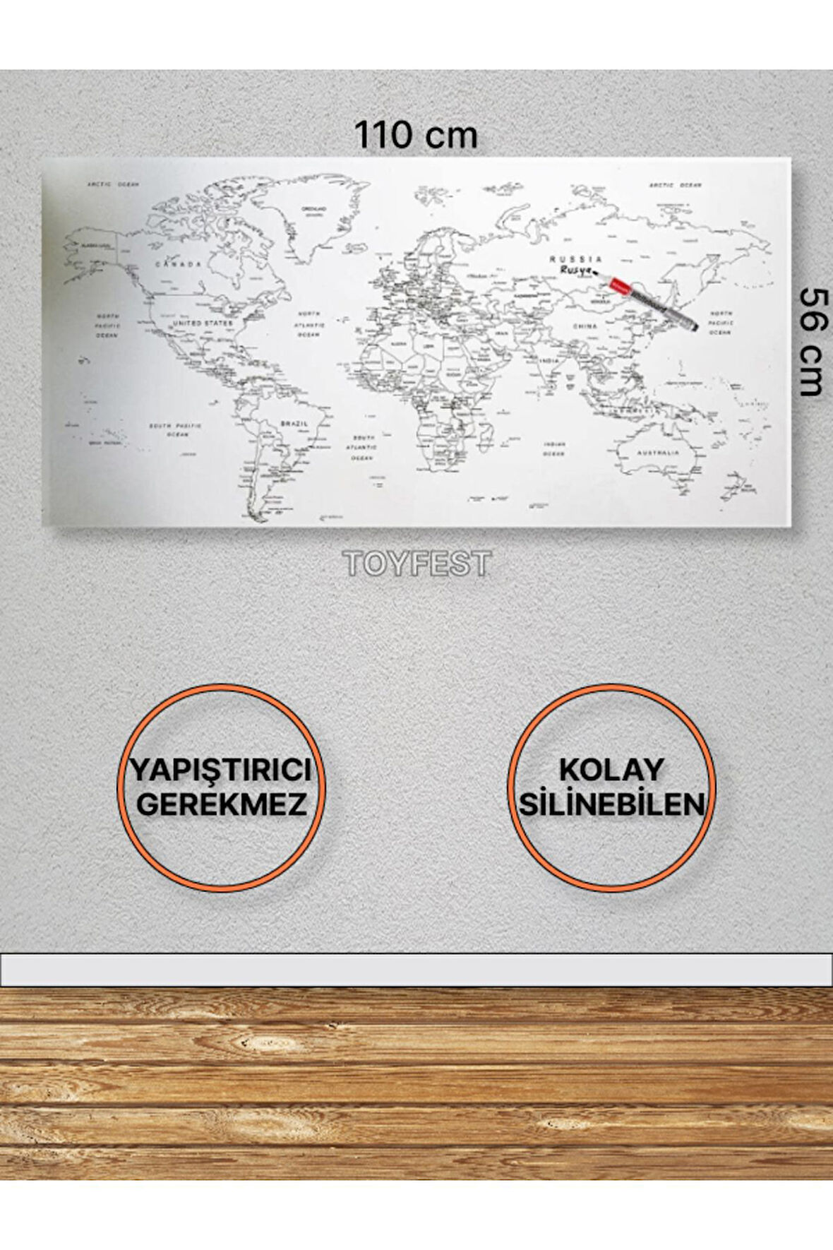 Duvara Kendiliğinden Manyetik Yapışan Yazılıp Silinebilen Dünya Haritası 110 X 56 Cm