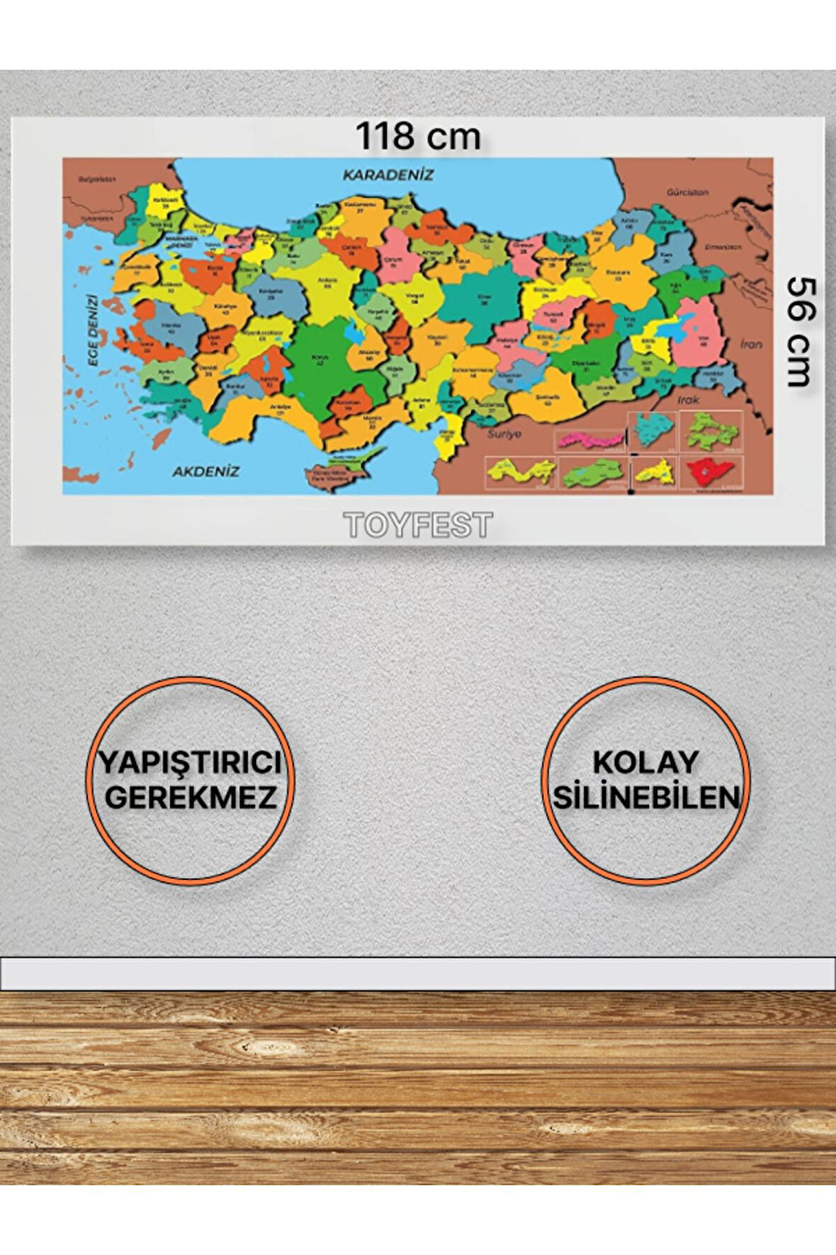 Duvara Kendiliğinden Manyetik Yapışan Yazılıp Silinebilen Renkli Türkiye Haritası 118 X 56 Cm