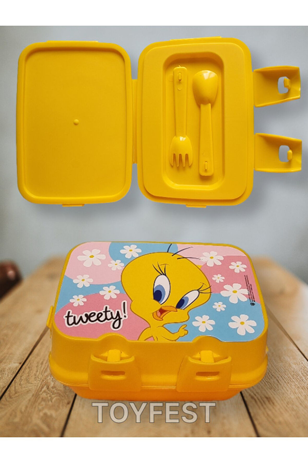 Kilit Kapaklı 2 Katlı 4 Bölmeli Kaşık ve Çatallı Dikdörtgen Lunch Box & Beslenme - Tweety Temalı