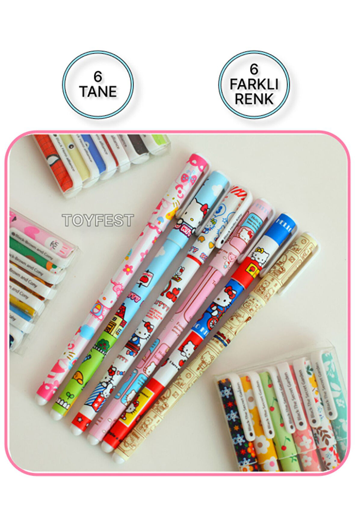 6 Farklı Renkli Hello Kitty Temalı Saklama Kutulu İğne Uçlu Jel Kalem Seti