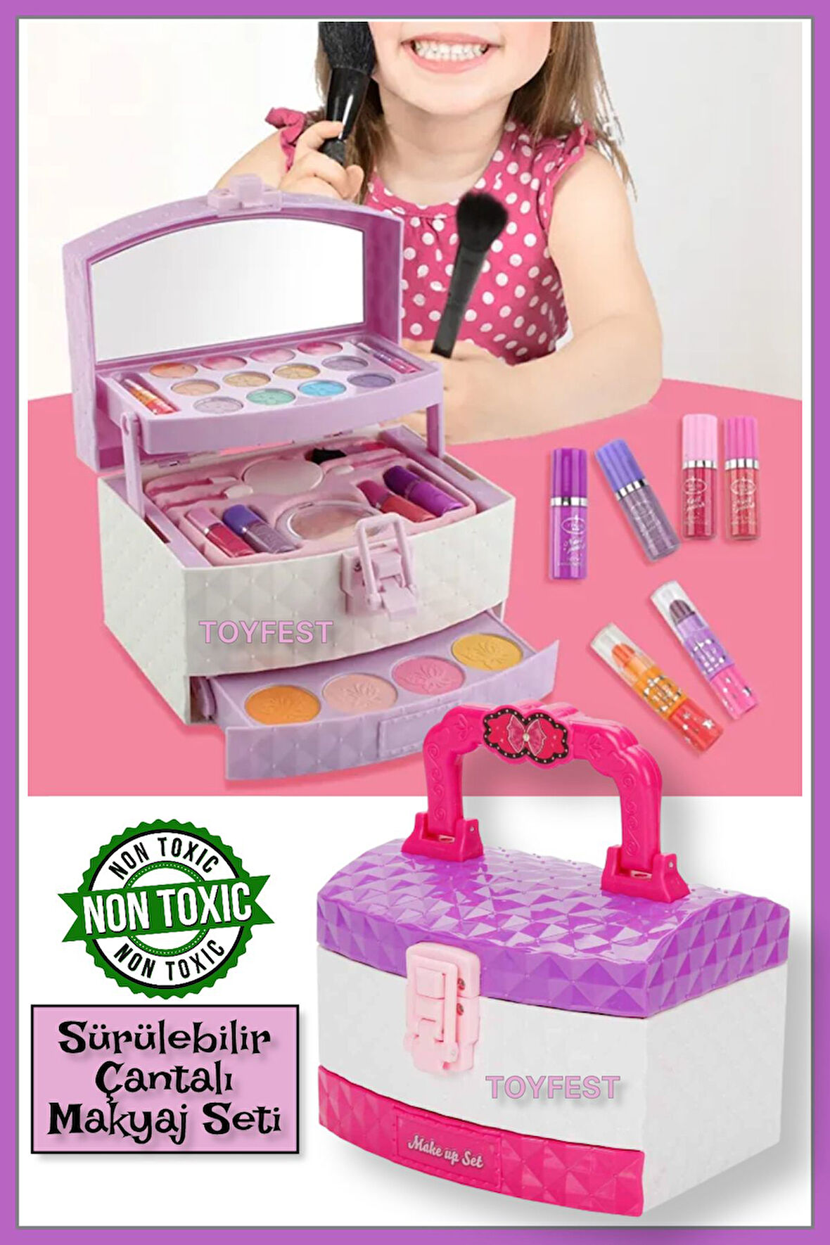 Sürülebilir Farlı - Rujlu - Ojeli - 3 Katlı Taşıma Çantalı Makyaj Seti - Kuaför Güzellik Seti