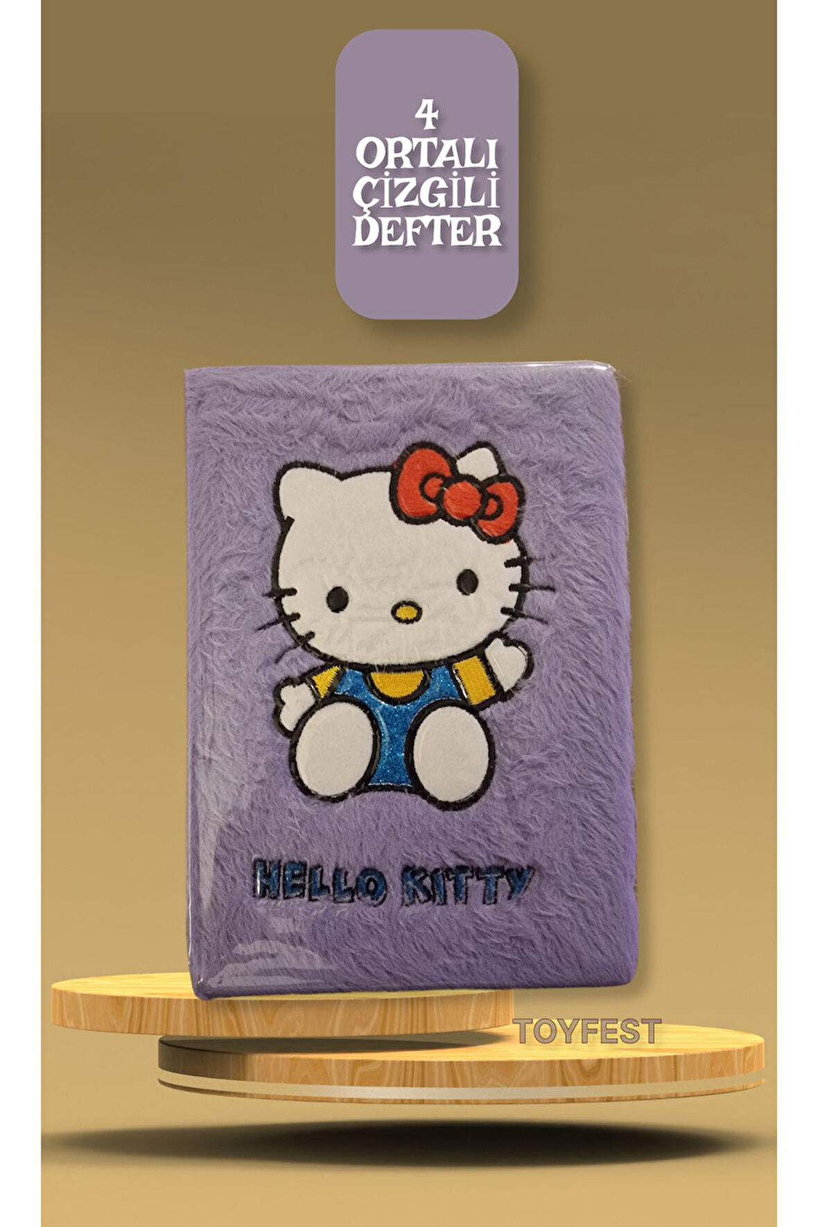 Yumuşak Tüy Kaplamalı 4 Ortalı Hello Kitty Temalı Çizgili Defter Günlük - Pastel Lila