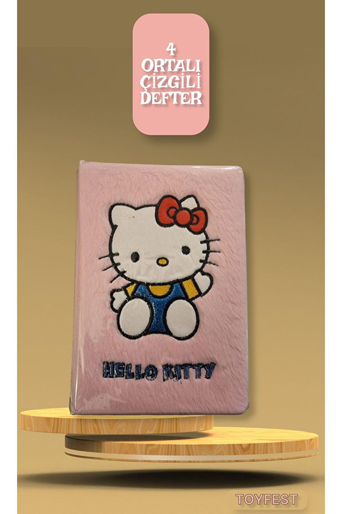 Yumuşak Tüy Kaplamalı 4 Ortalı Hello Kitty Temalı Çizgili Defter Günlük - Pastel Pembe