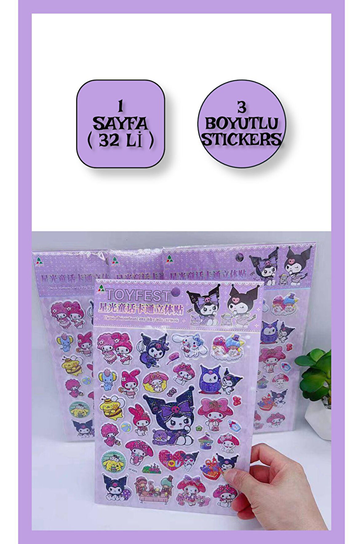 Simli Parlak 3D Sanrio Kuromi My Melody Cinnamoroll Pompompurin Twin -1 Sayfa (32 Adet) Sticker Seti