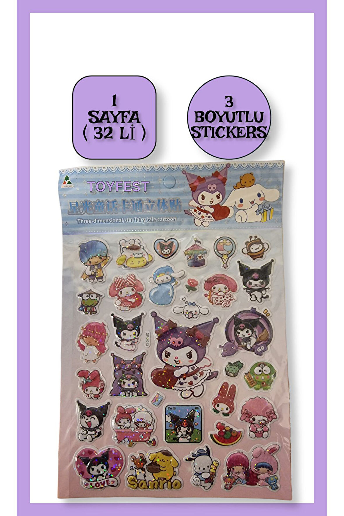 Simli Parlak 3D Sanrio Cinnamoroll Kuromi Pompompurin My Melody Twin -1 Sayfa (32 Adet) Sticker Seti