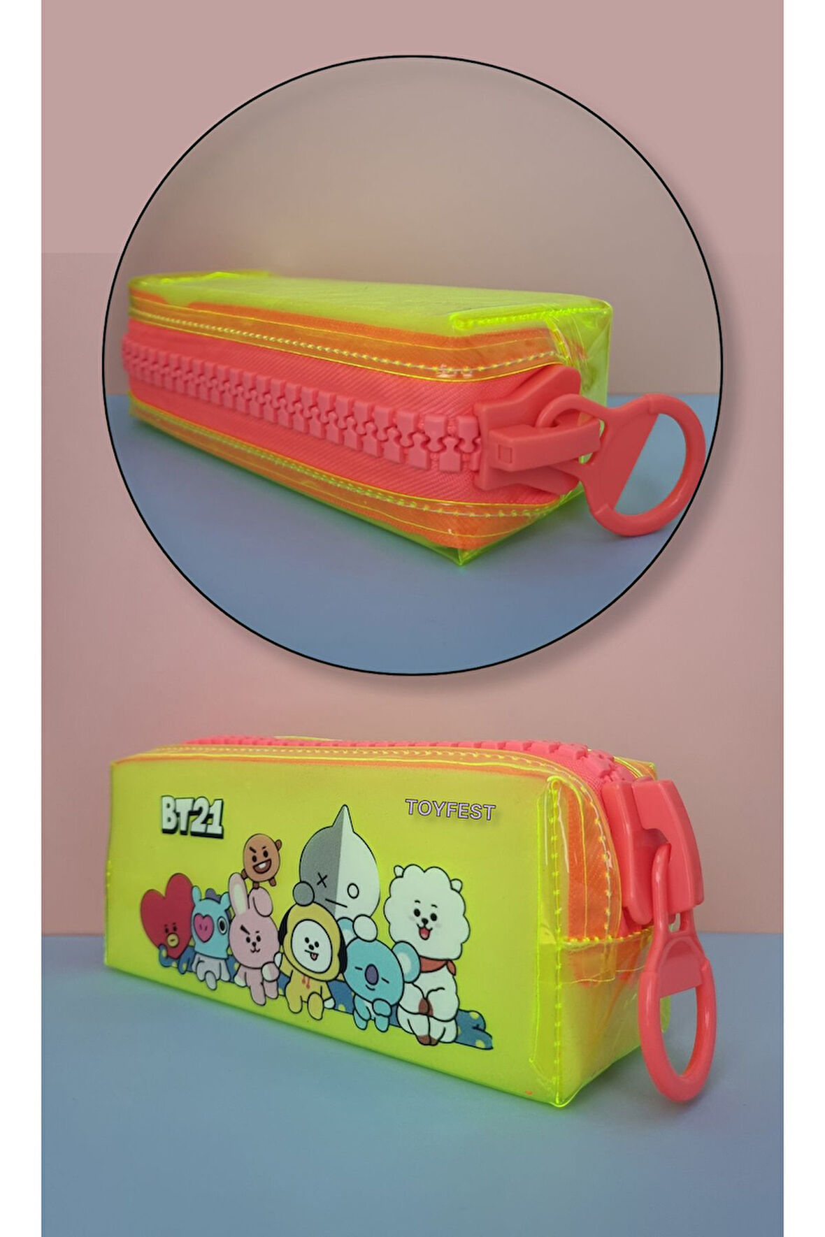 BTS BT21 Temalı Dev Fermuarlı Kalemlik Şeffaf Kalem Kutusu Çantası - Pastel Sarı