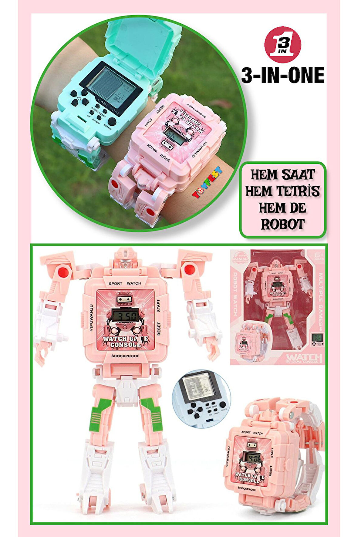 Tetris Oyunlu Transformers Robot Saat - Pastel Pembe