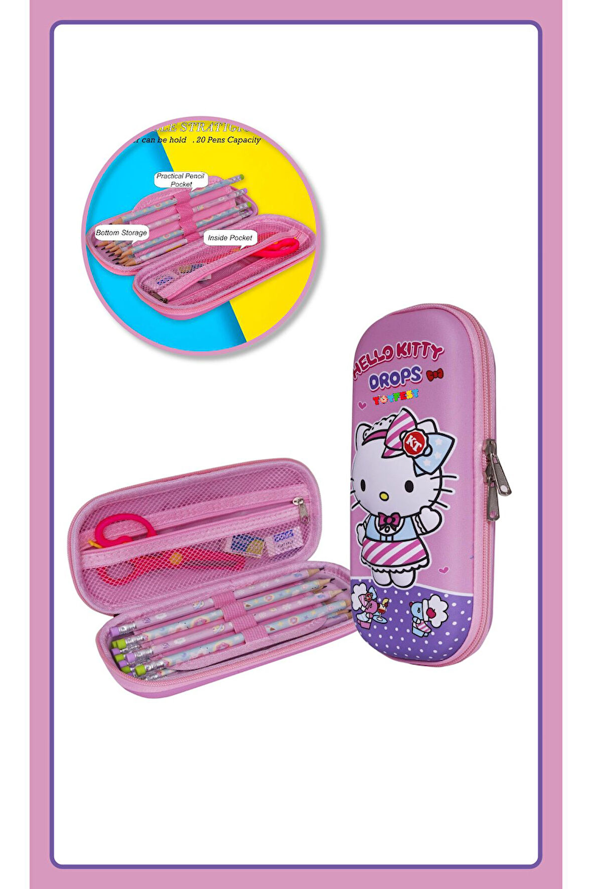 3D Kabartmalı Hello Kitty Figür Kapaklı Kalem Çantası - Kalem Kutusu - Pastel Pembe Model