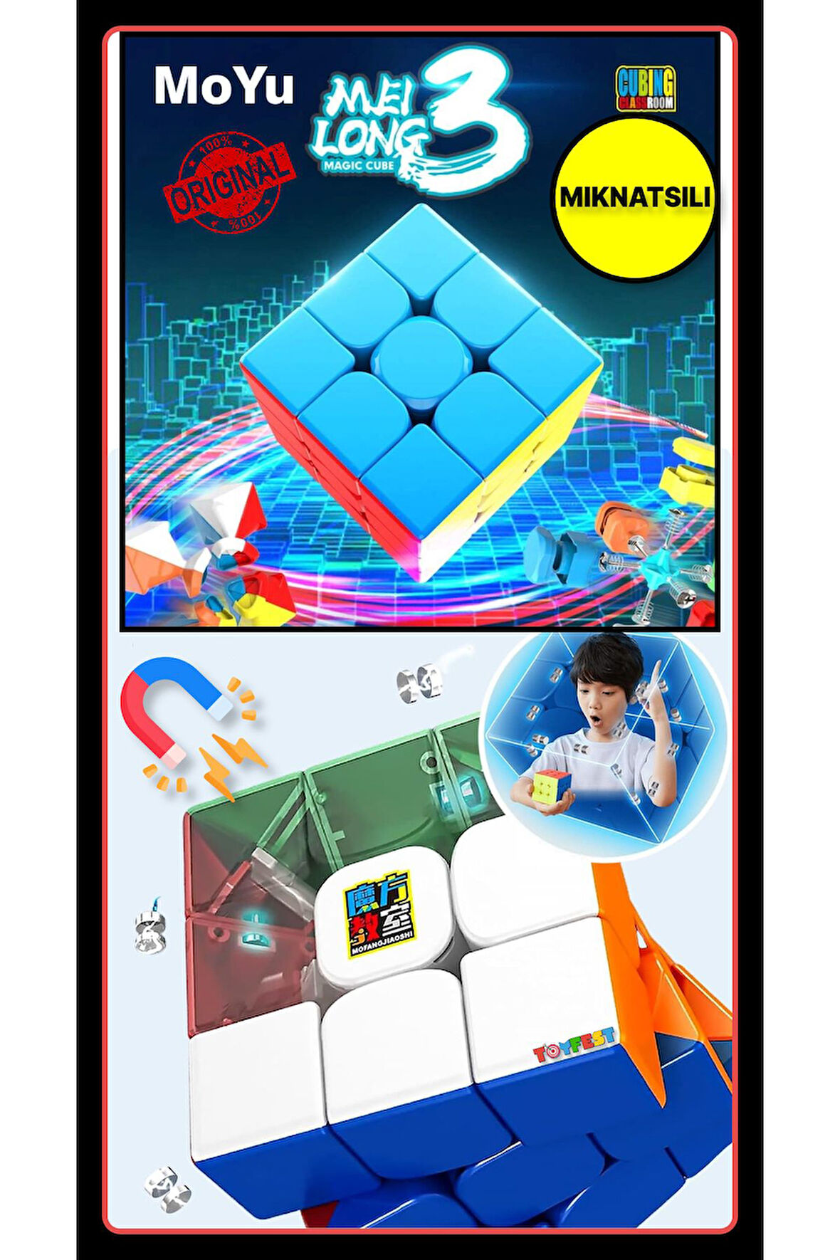 Moyu Meilong 3x3  Magnetic Cube 3M - Mıknatıslı Standlı Tornavidalı Stickersız Akıl Zeka Rübik Küp