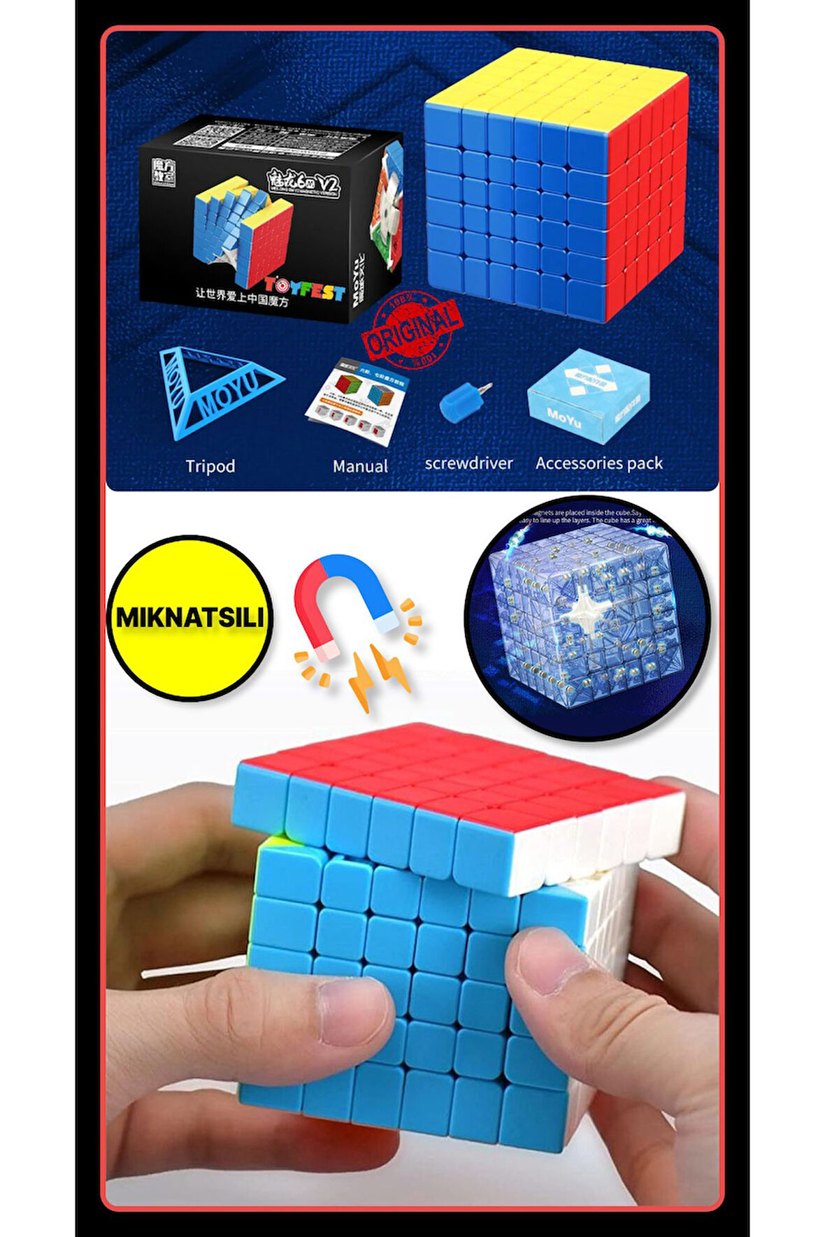 Moyu Meilong 6x6  Magnetic Cube 6M V2 - Mıknatıslı Standlı Tornavidalı Stickersız Zeka Küp