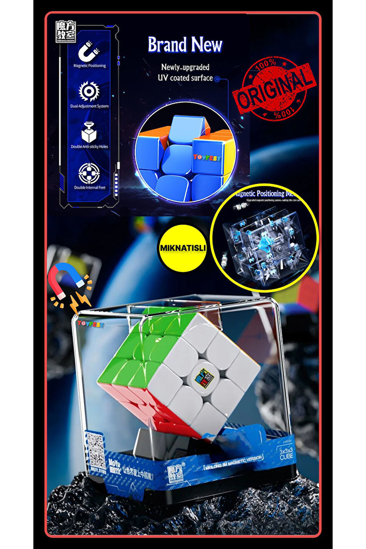 Moyu Meilong 3x3 Magnetic Cube 3m- Mıknatıslı Stickersız Standlı Şeffaf Kutulu Akıl Zeka Küp