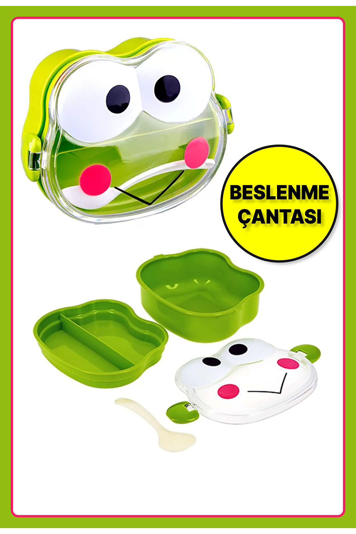 Kawaii 3D Keroppi Figür Kabartmalı 2 Katlı Kaşıklı Kilitli Beslenme Çantası Kutusu