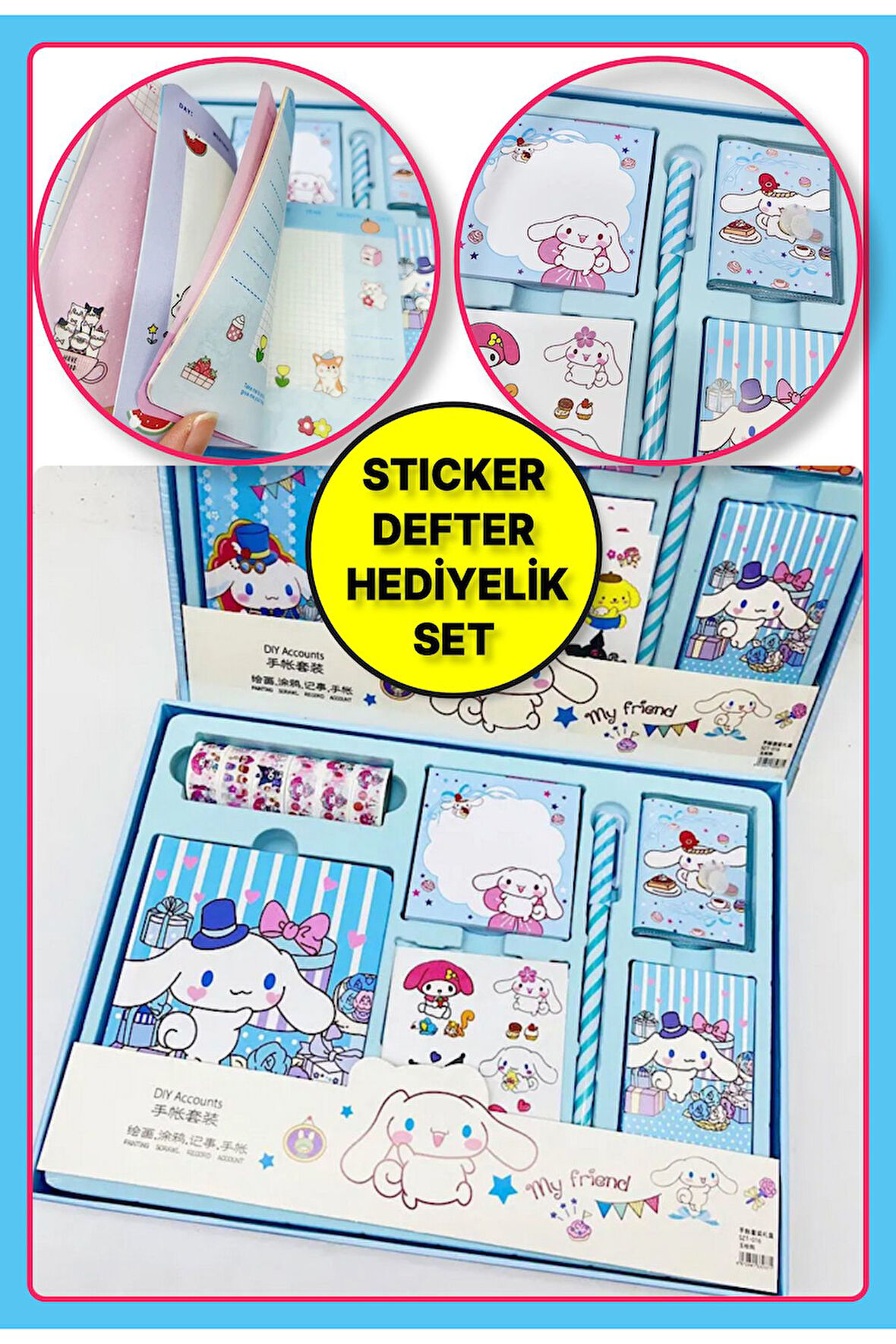 Sanrio Cinnamoroll Kawaii Anime Defter + Notluk + Sticker + Blok Not+ Kalem ve fazlası Hediyelik Set