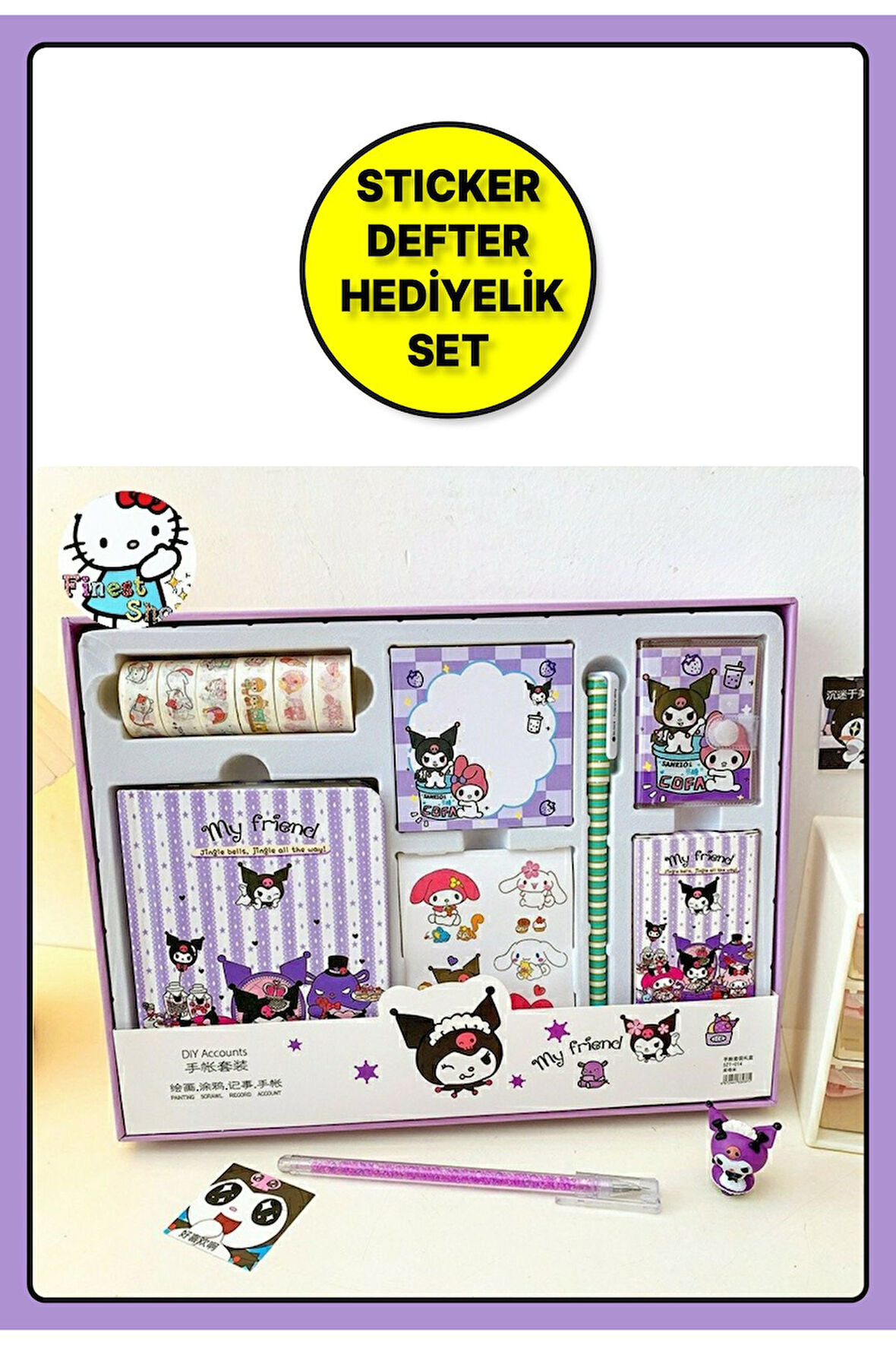 Sanrio Kuromi Kawaii Anime Defter + Notluk + Sticker + Blok Not + Kalem ve fazlası Hediyelik Set